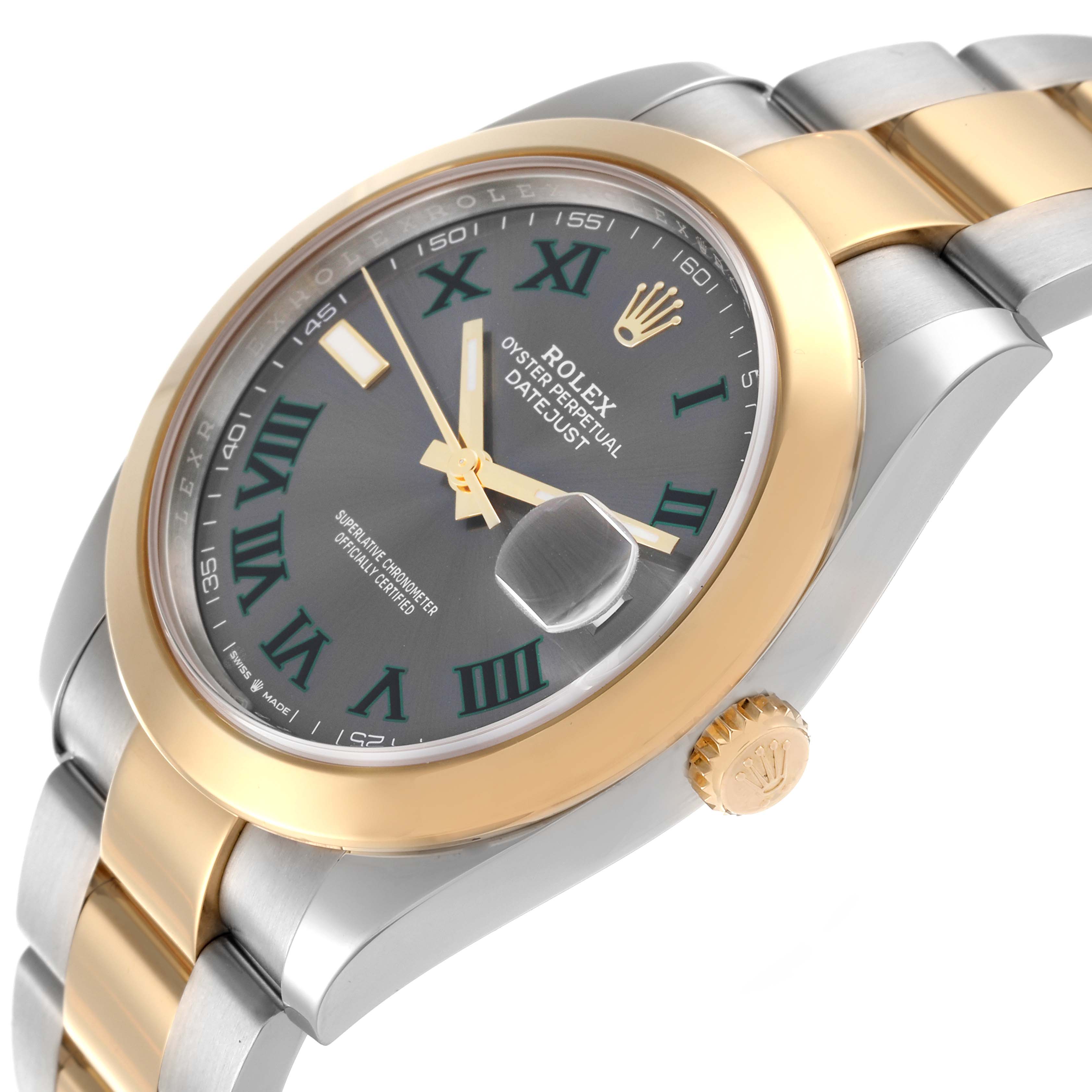 The image shows a side angle of the Rolex Datejust 41 126303 Men's Steel and Gold (two tone) Grey Dial 126303 Men's Steel and Gold (two tone) Grey Dial, highlighting the bezel, crown, and bracelet.