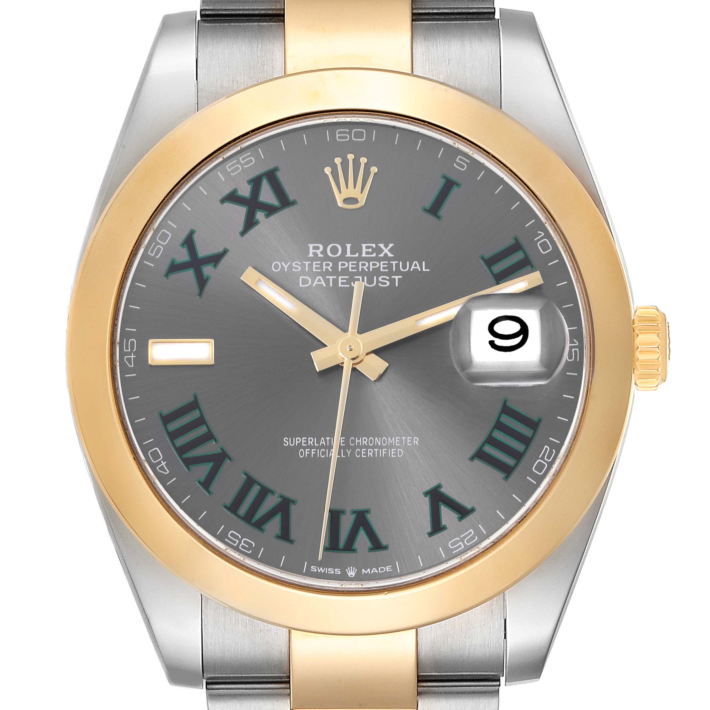 This Rolex Datejust 41 126303 Men's Steel and Gold (two tone) Grey Dial 126303 Men's Steel and Gold (two tone) Grey Dial is shown from a front angle, highlighting the dial, Roman numerals, and date window.