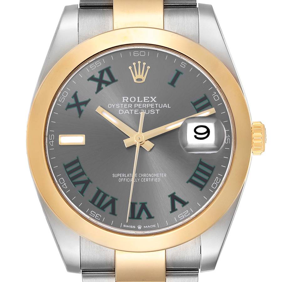 This Rolex Datejust 41 is shown from a front angle, highlighting the dial, Roman numerals, and date window.