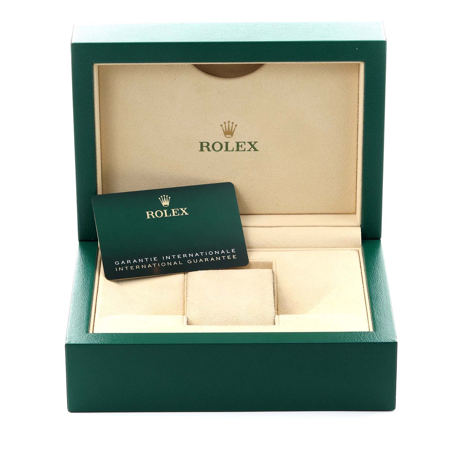 The image shows a Rolex Datejust 41 126303 Men's Steel and Gold (two tone) Grey Dial 126303 Men's Steel and Gold (two tone) Grey Dial presentation box with an international guarantee card showcased at the front.
