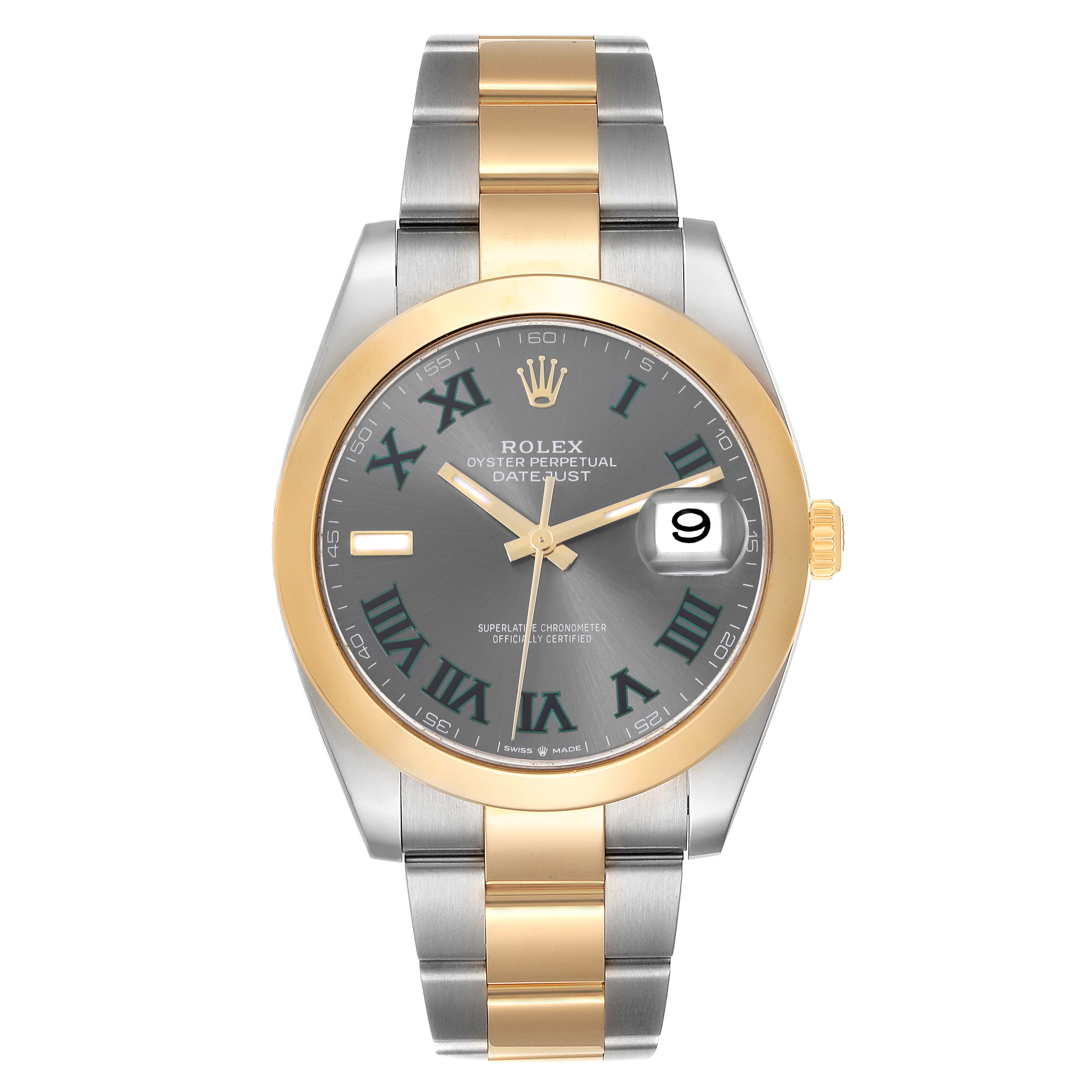 The Rolex Datejust 41 126303 Men's Steel and Gold (two tone) Grey Dial 126303 Men's Steel and Gold (two tone) Grey Dial is shown from a top-down angle, displaying its dial, bezel, and two-tone bracelet.