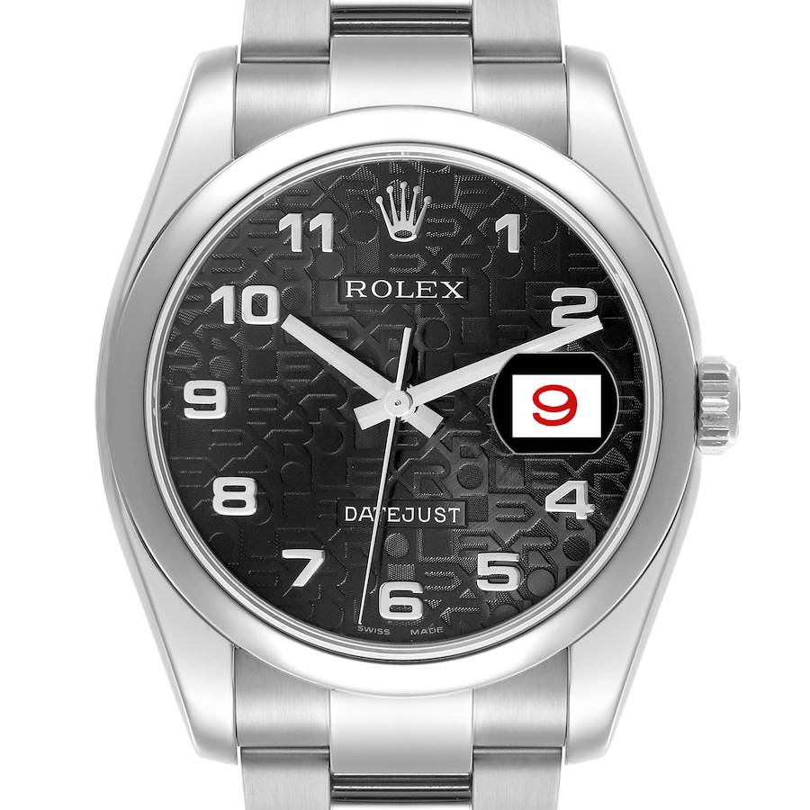 The Rolex Datejust watch is shown from the front, highlighting the dial, bezel, and part of the bracelet.