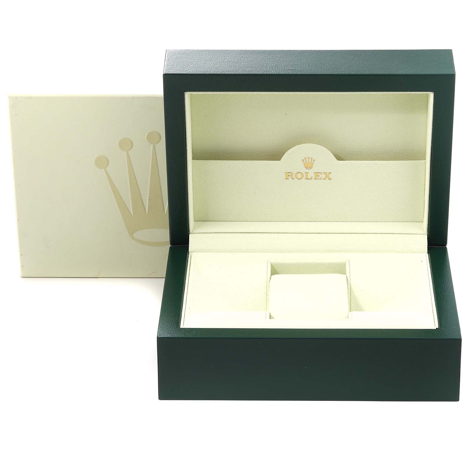 This image shows an open green Rolex box for the Datejust 41 model, revealing the inner cushioned compartment.