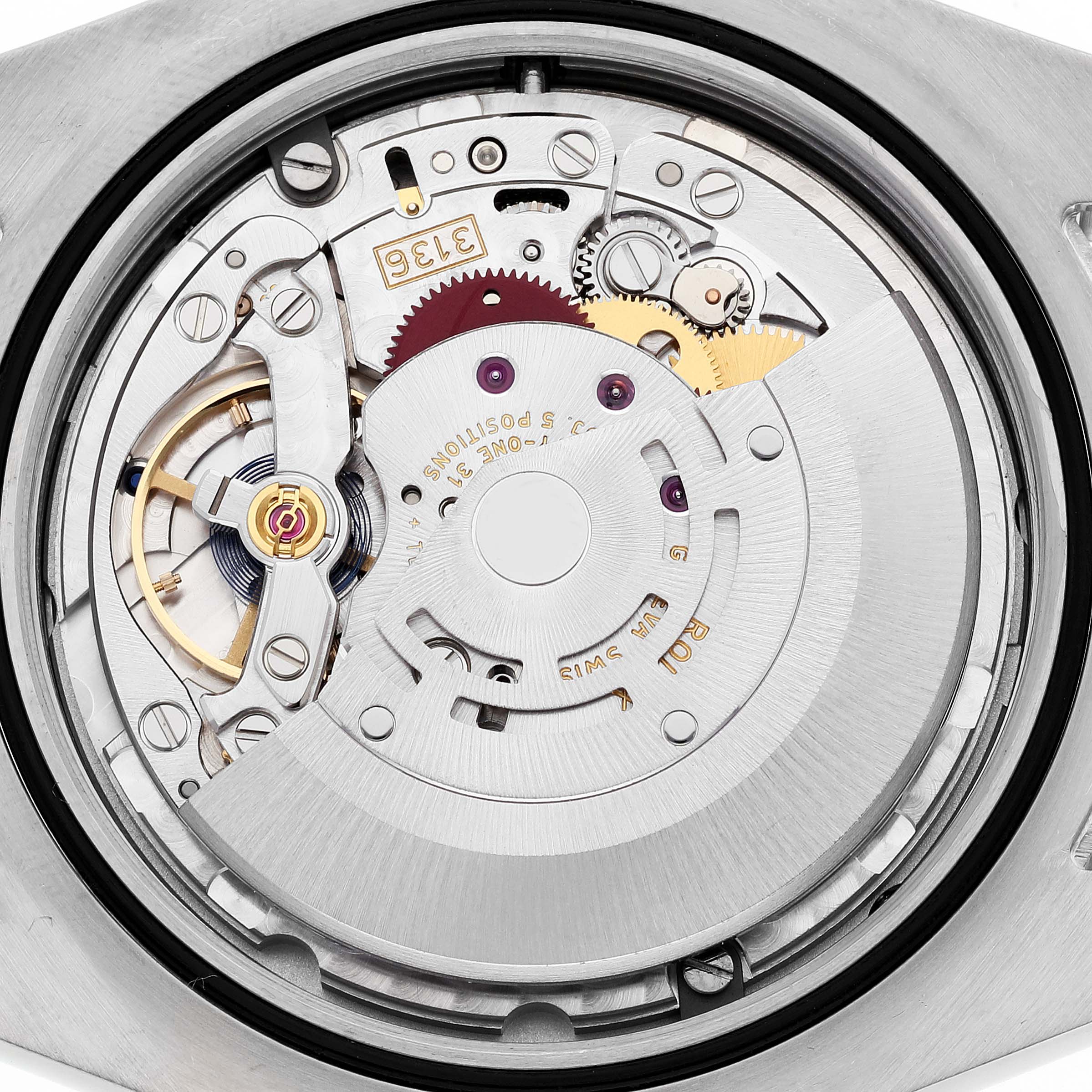 This image shows the internal movement of a Rolex Datejust 41 116334 Men
s Stainless Steel Silver Dial 116334 Men
s Stainless Steel Silver Dial watch viewed from the back, displaying gears and mechanical components.