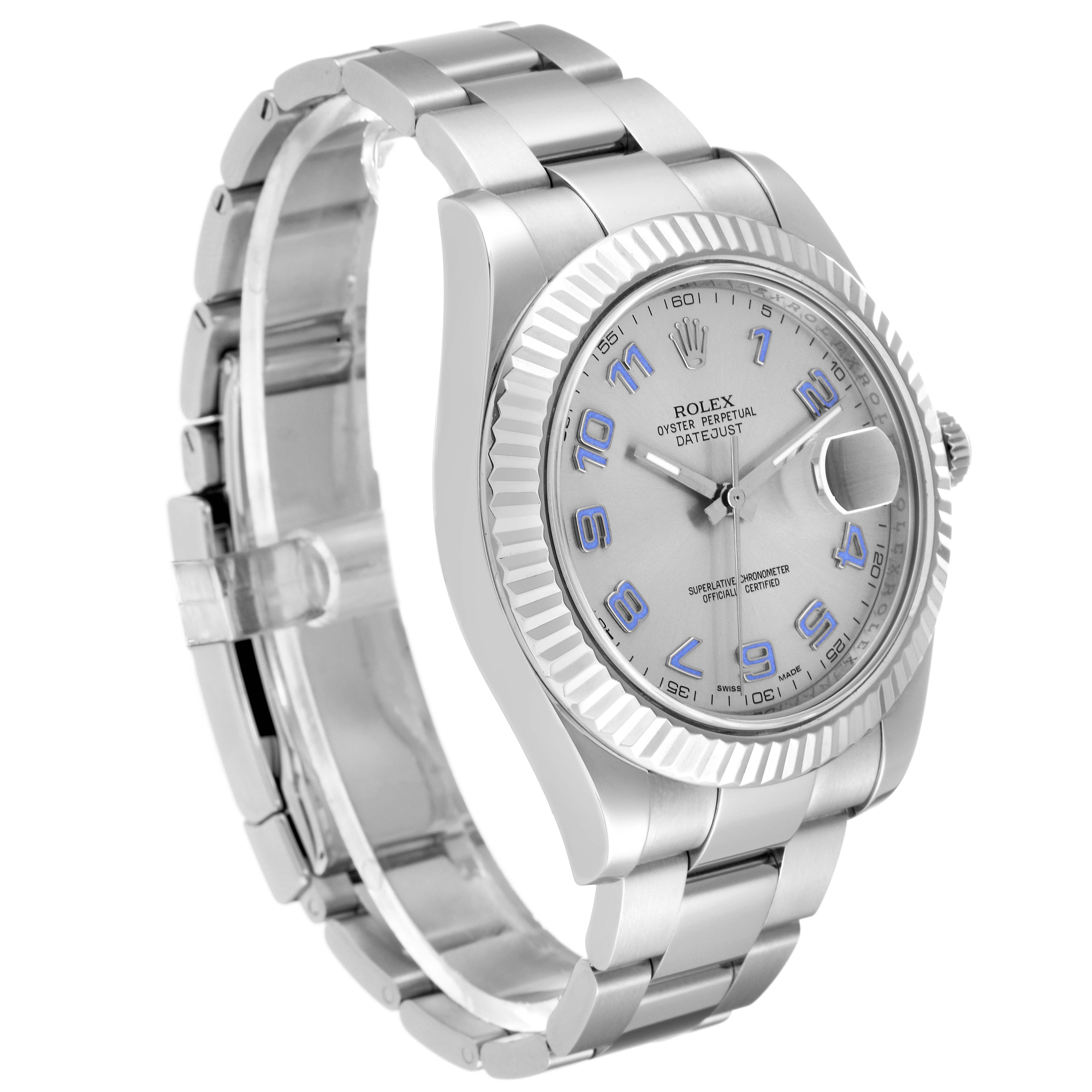 The image shows a Rolex Datejust 41 116334 Men
s Stainless Steel Silver Dial 116334 Men
s Stainless Steel Silver Dial watch angled to display the face, bezel, crown, and bracelet.