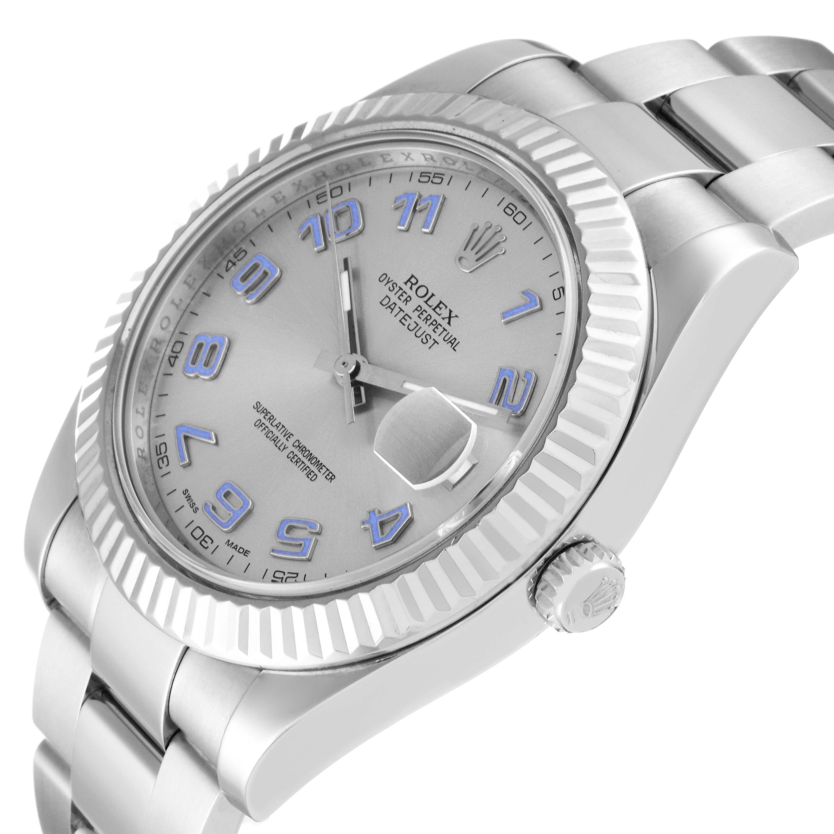 The Rolex Datejust 41 116334 Men
s Stainless Steel Silver Dial 116334 Men
s Stainless Steel Silver Dial watch is shown angled from the left side, highlighting the dial, bezel, and part of the bracelet.