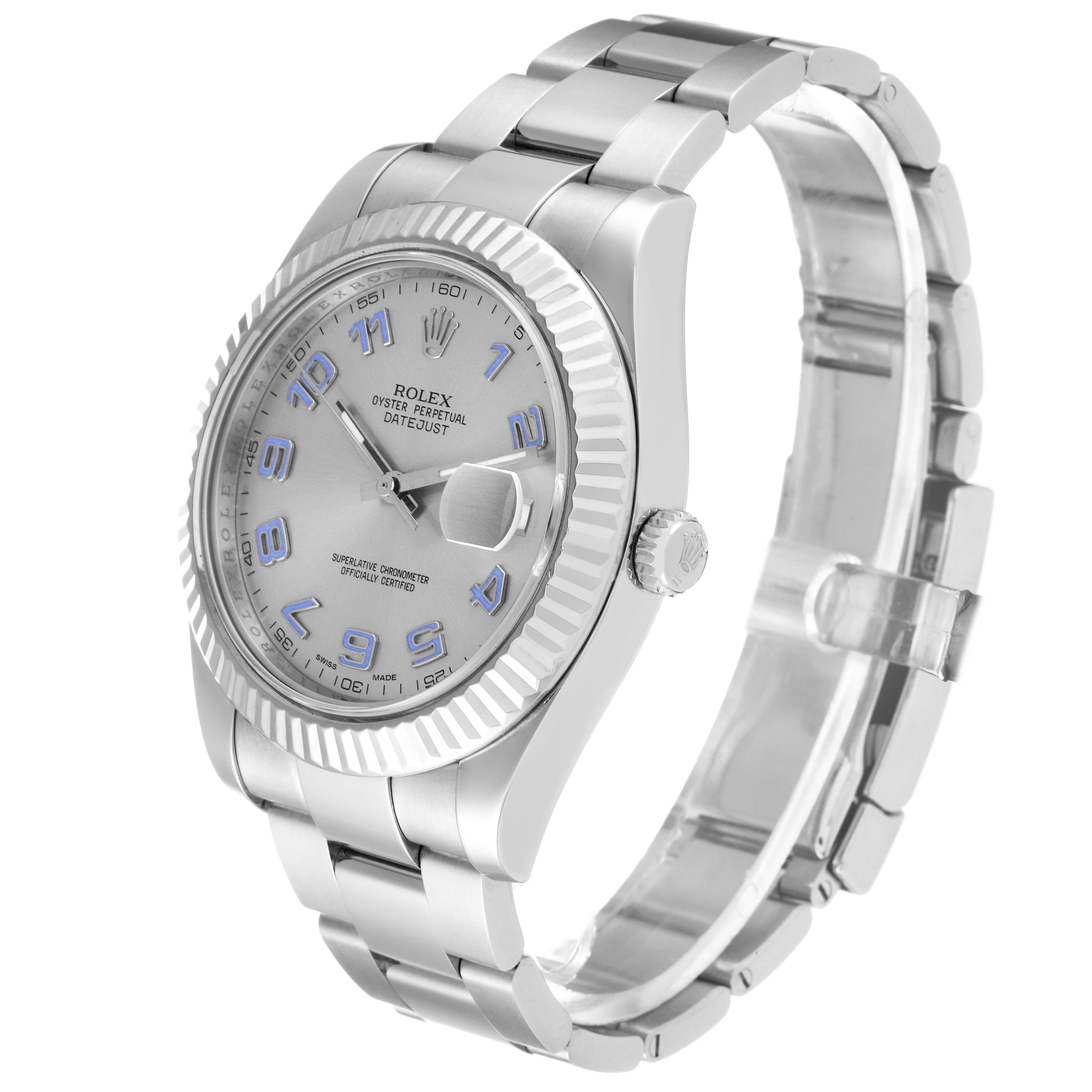 The image shows a side angle of the Rolex Datejust 41 116334 Men
s Stainless Steel Silver Dial 116334 Men
s Stainless Steel Silver Dial watch, highlighting the dial, bezel, and bracelet.