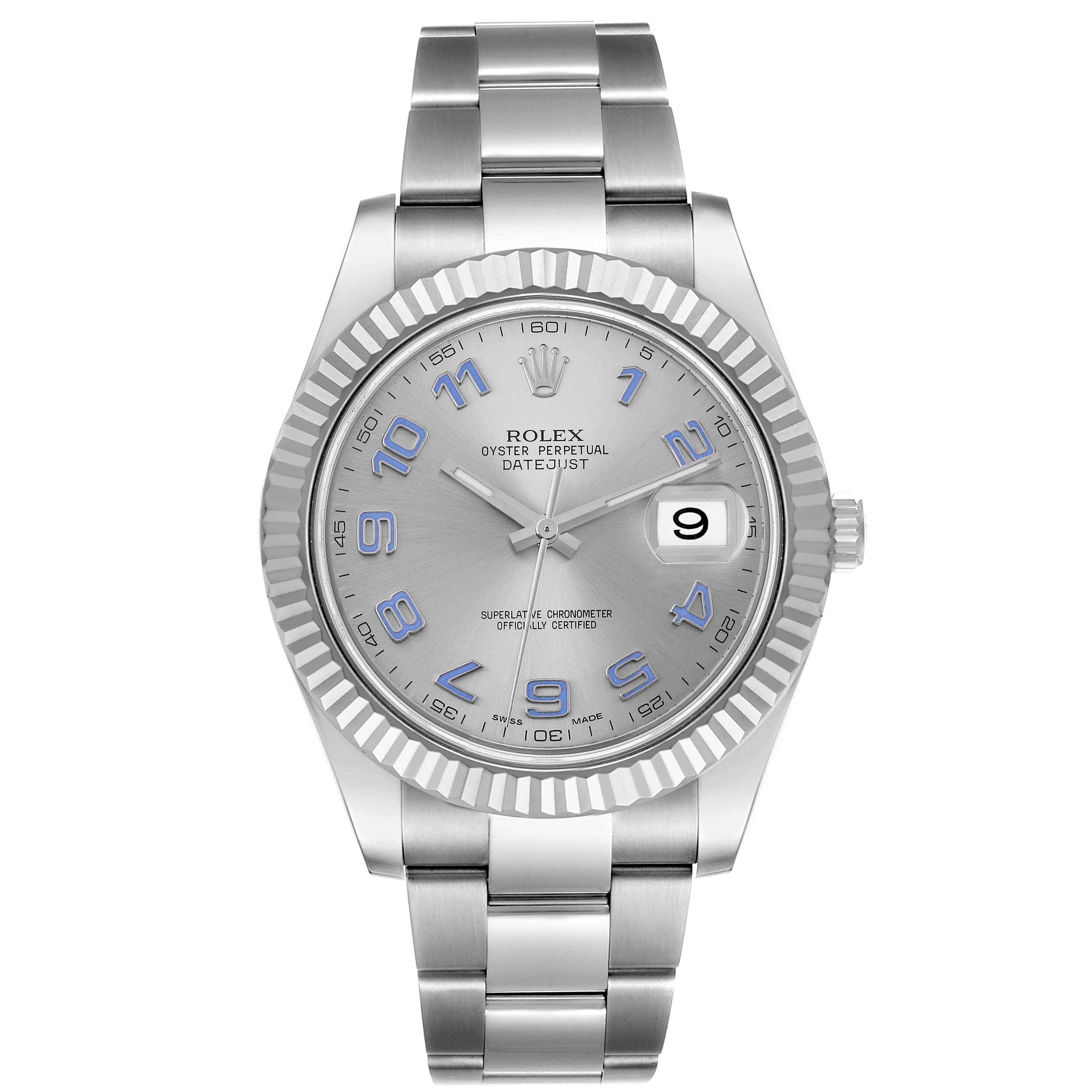 The image shows a front view of the Rolex Datejust 41 116334 Men
s Stainless Steel Silver Dial 116334 Men
s Stainless Steel Silver Dial watch, highlighting its dial, bezel, and bracelet.