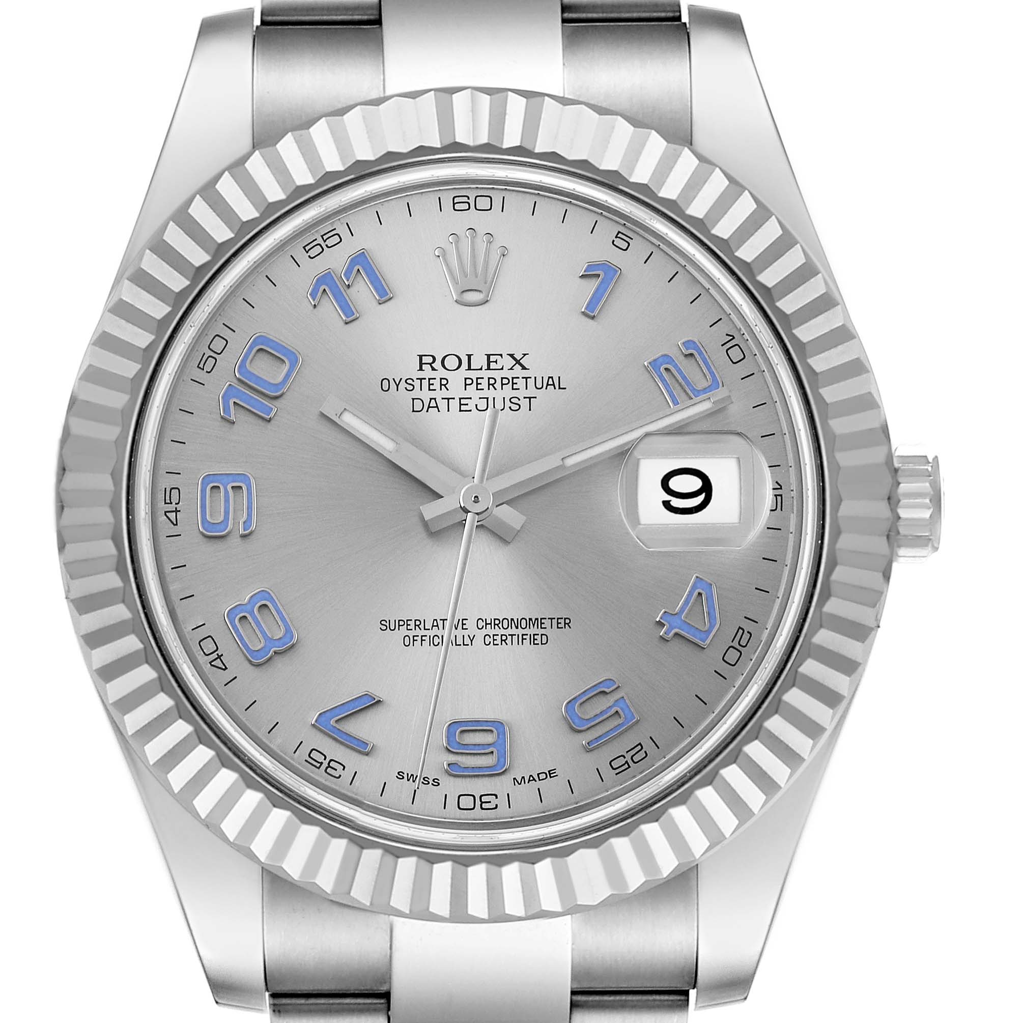 This image shows a front view of the Rolex Datejust 41 116334 Men
s Stainless Steel Silver Dial 116334 Men
s Stainless Steel Silver Dial watch, featuring the dial, bezel, crown, and part of the bracelet.
