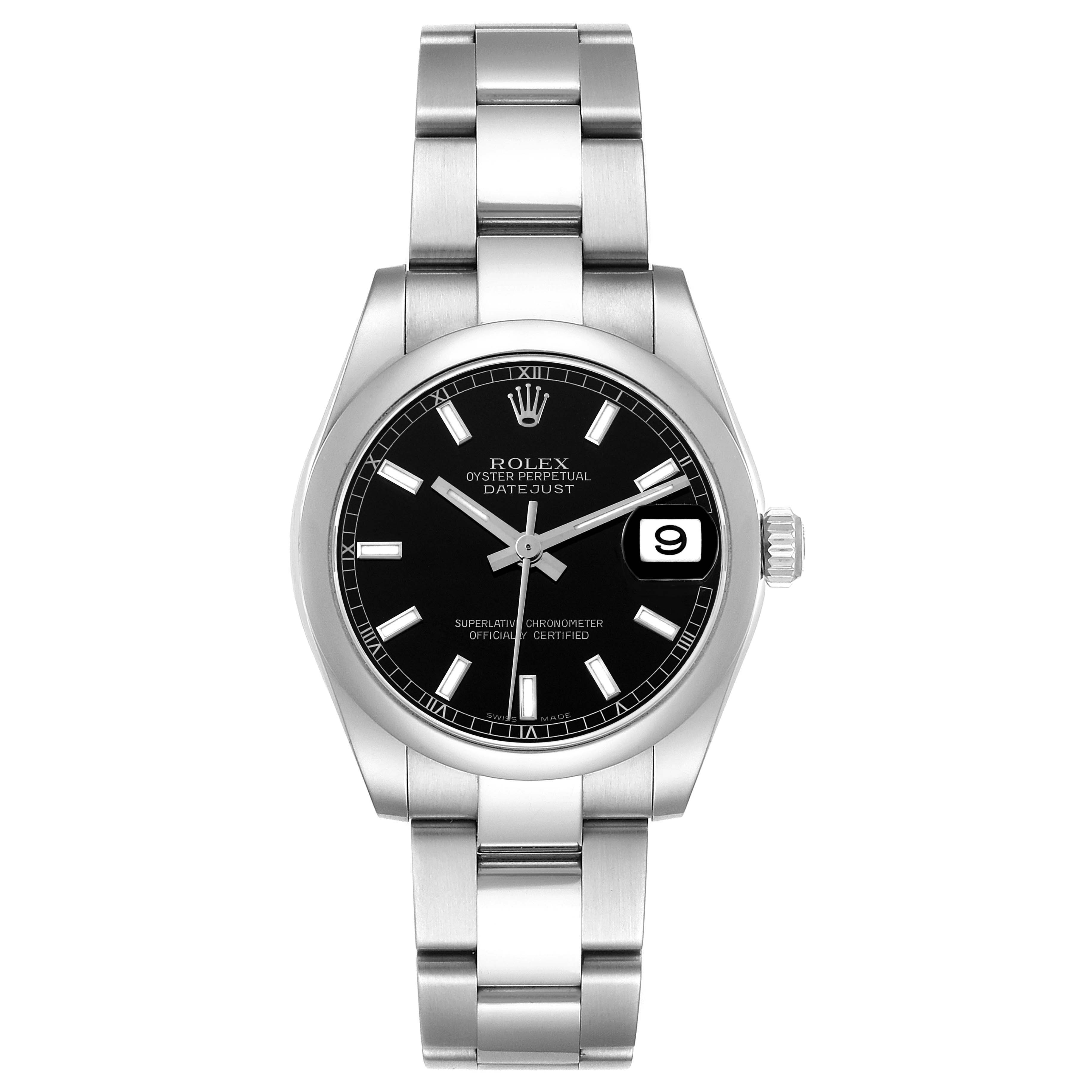 The Rolex Mid-Size 178240 Women's Stainless Steel Black Dial 178240 Women's Stainless Steel Black Dial Datejust is shown from a front angle, displaying its bracelet, black dial, and date feature.