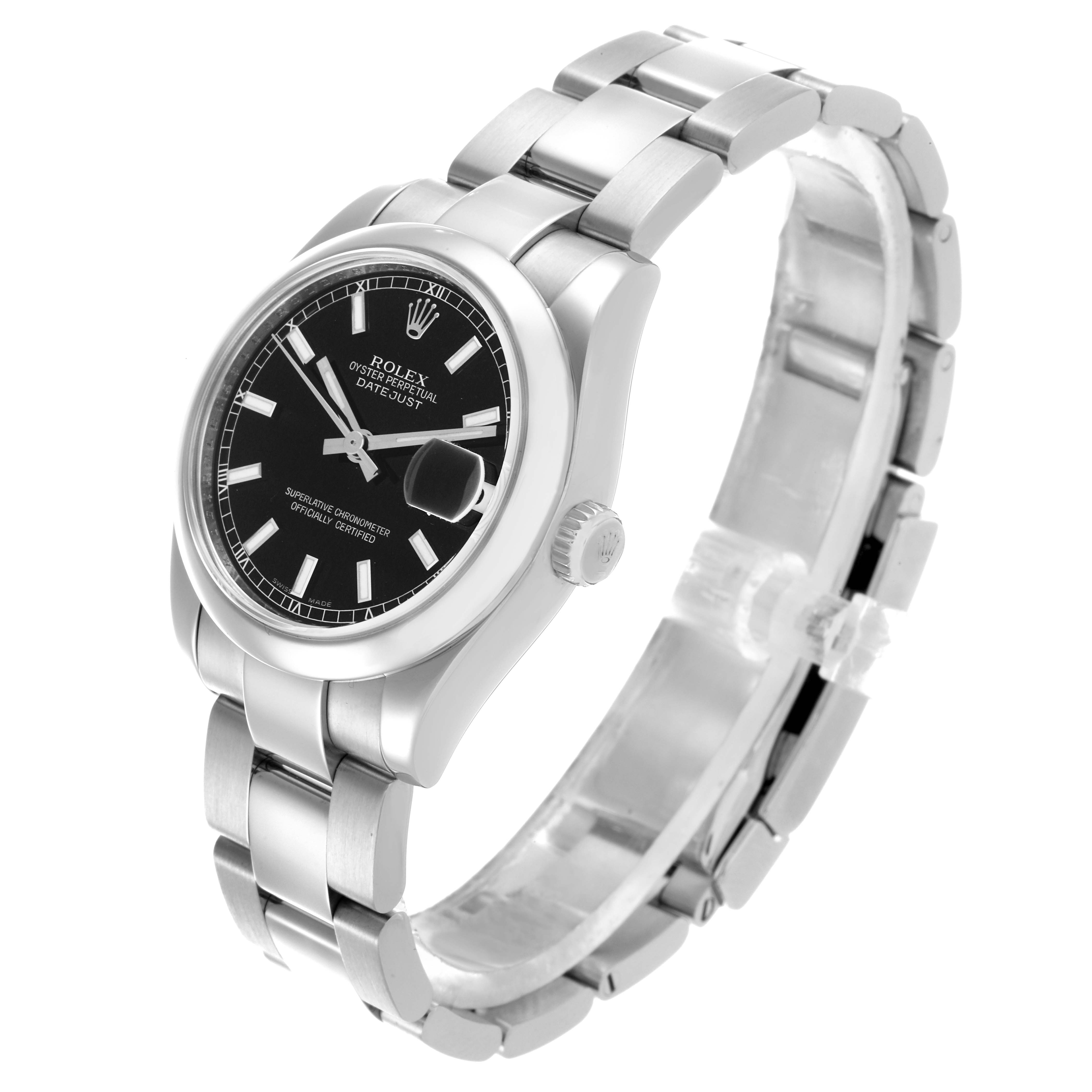 The Rolex Mid-Size 178240 Women's Stainless Steel Black Dial 178240 Women's Stainless Steel Black Dial watch is shown from a three-quarter angle, highlighting the face, bezel, and bracelet.