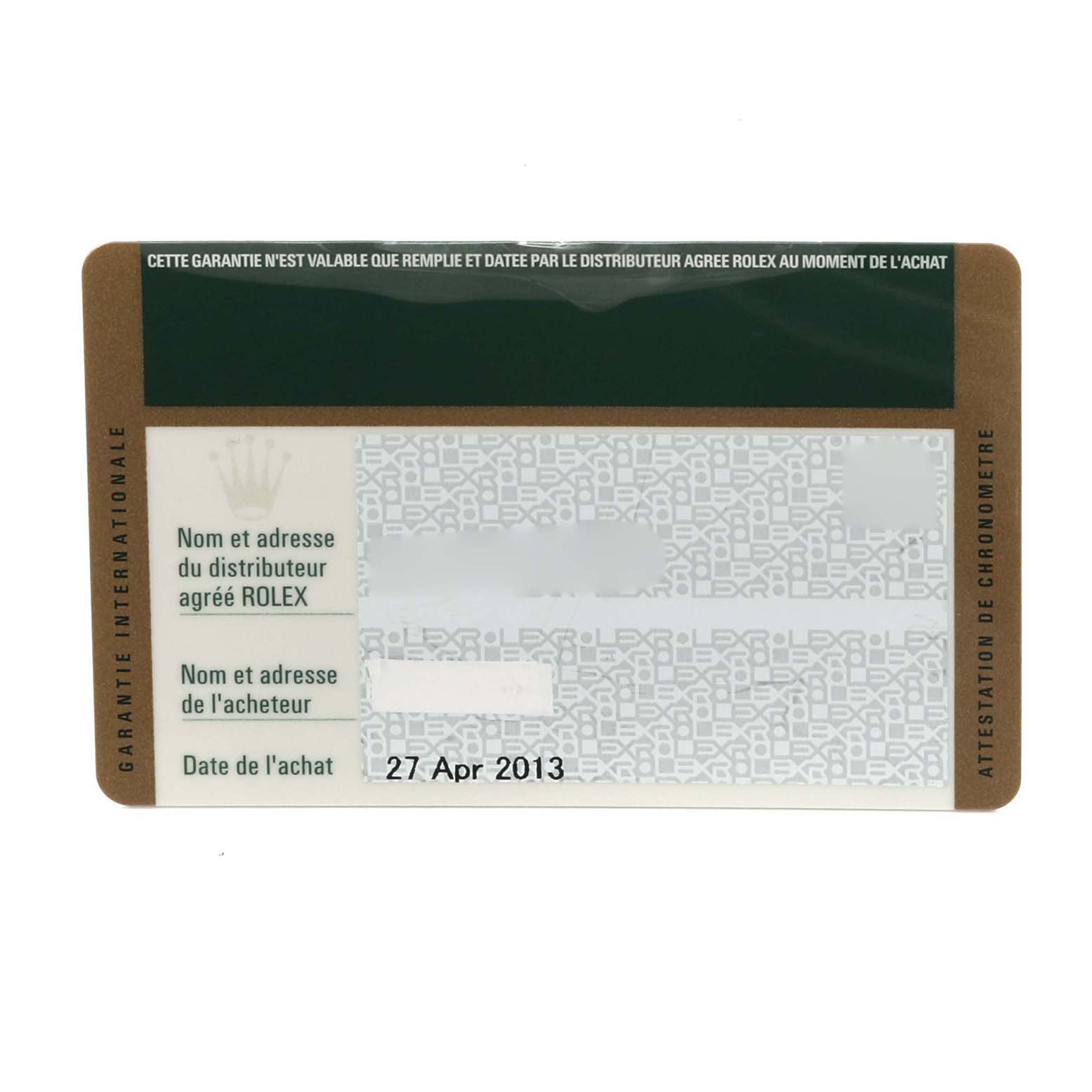 The image shows a Rolex warranty card, not a specific part of the Mid-Size model watch.