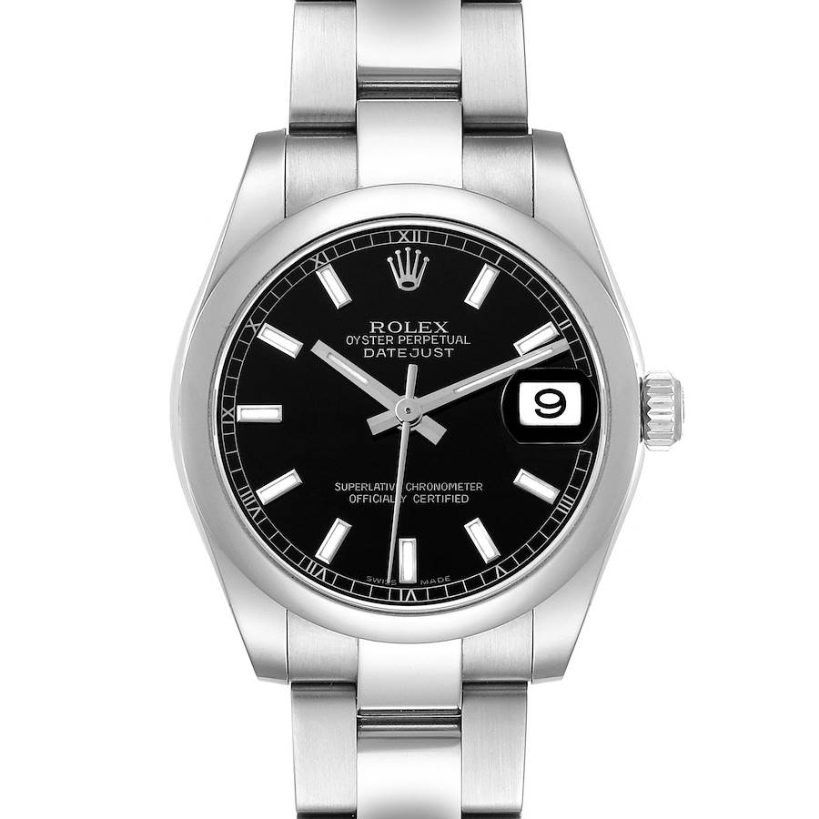 The Rolex Mid-Size model watch is shown from the front, highlighting the black dial, date display, and stainless steel bracelet.