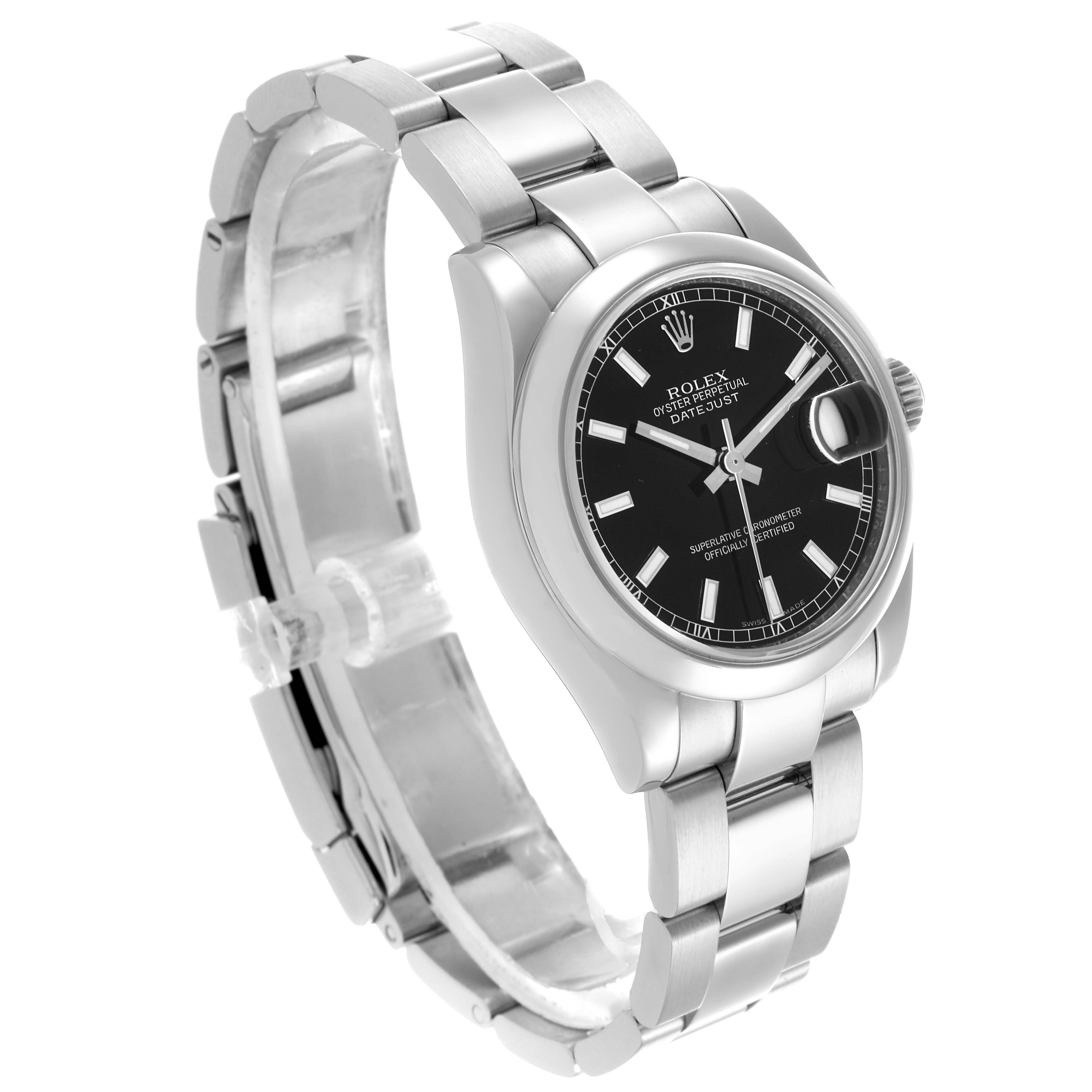 The Rolex Mid-Size 178240 Women's Stainless Steel Black Dial 178240 Women's Stainless Steel Black Dial watch is shown at a three-quarter angle, highlighting the face, bezel, band, and clasp.