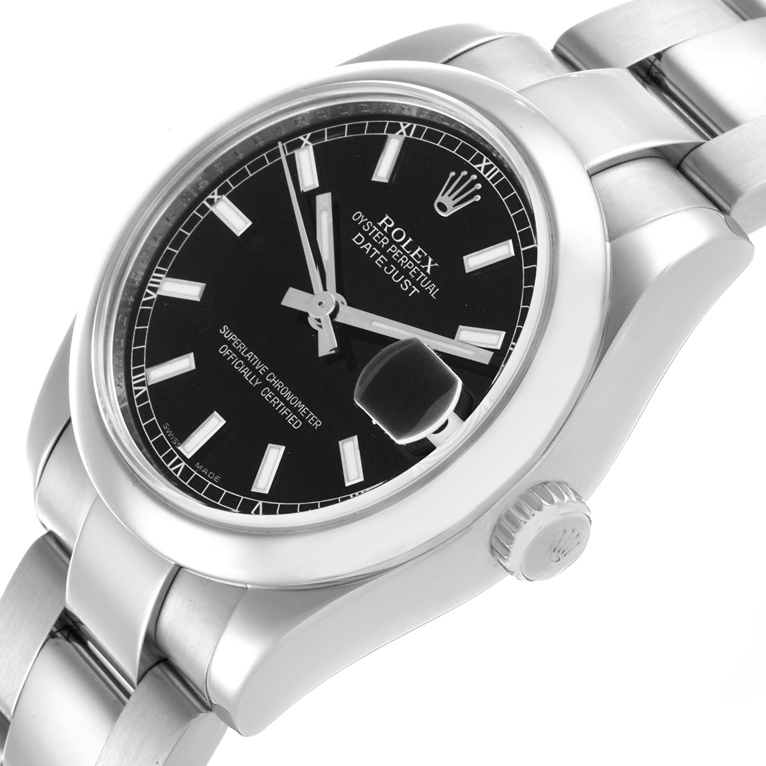 The Rolex Mid-Size 178240 Women's Stainless Steel Black Dial 178240 Women's Stainless Steel Black Dial model watch is shown from an angled view, highlighting the black dial, date window, and bracelet.