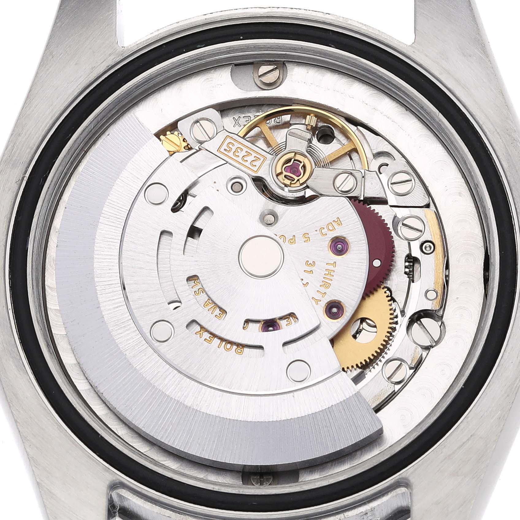The image shows the internal mechanism of a Rolex Mid-Size 178240 Women's Stainless Steel Black Dial 178240 Women's Stainless Steel Black Dial watch, viewed from the back.