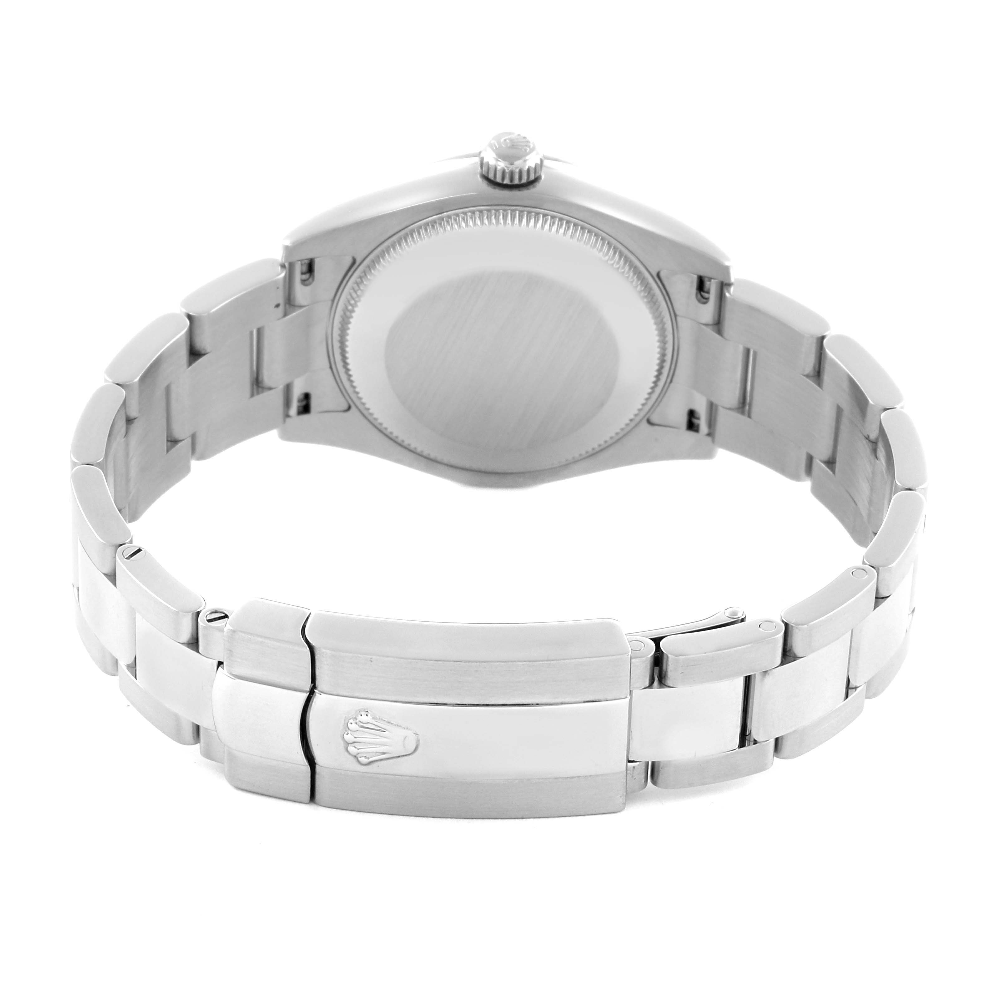 The Rolex Mid-Size 178240 Women's Stainless Steel Black Dial 178240 Women's Stainless Steel Black Dial watch is shown from the back, highlighting the bracelet and clasp.