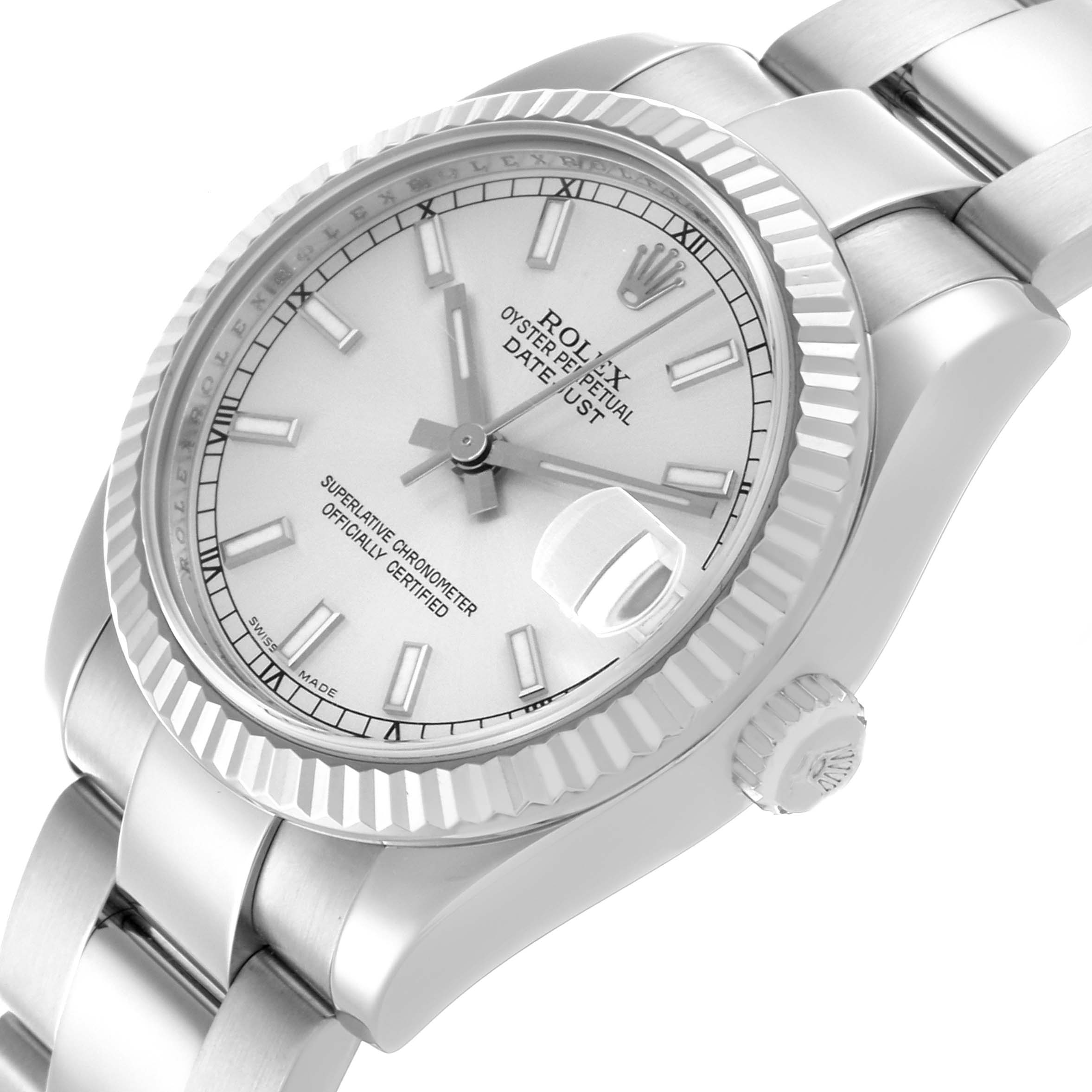 The Rolex Mid-Size 178274 Women's Stainless Steel Silver Dial 178274 Women's Stainless Steel Silver Dial watch is shown at an angle highlighting the dial, bezel, crown, and part of the bracelet.