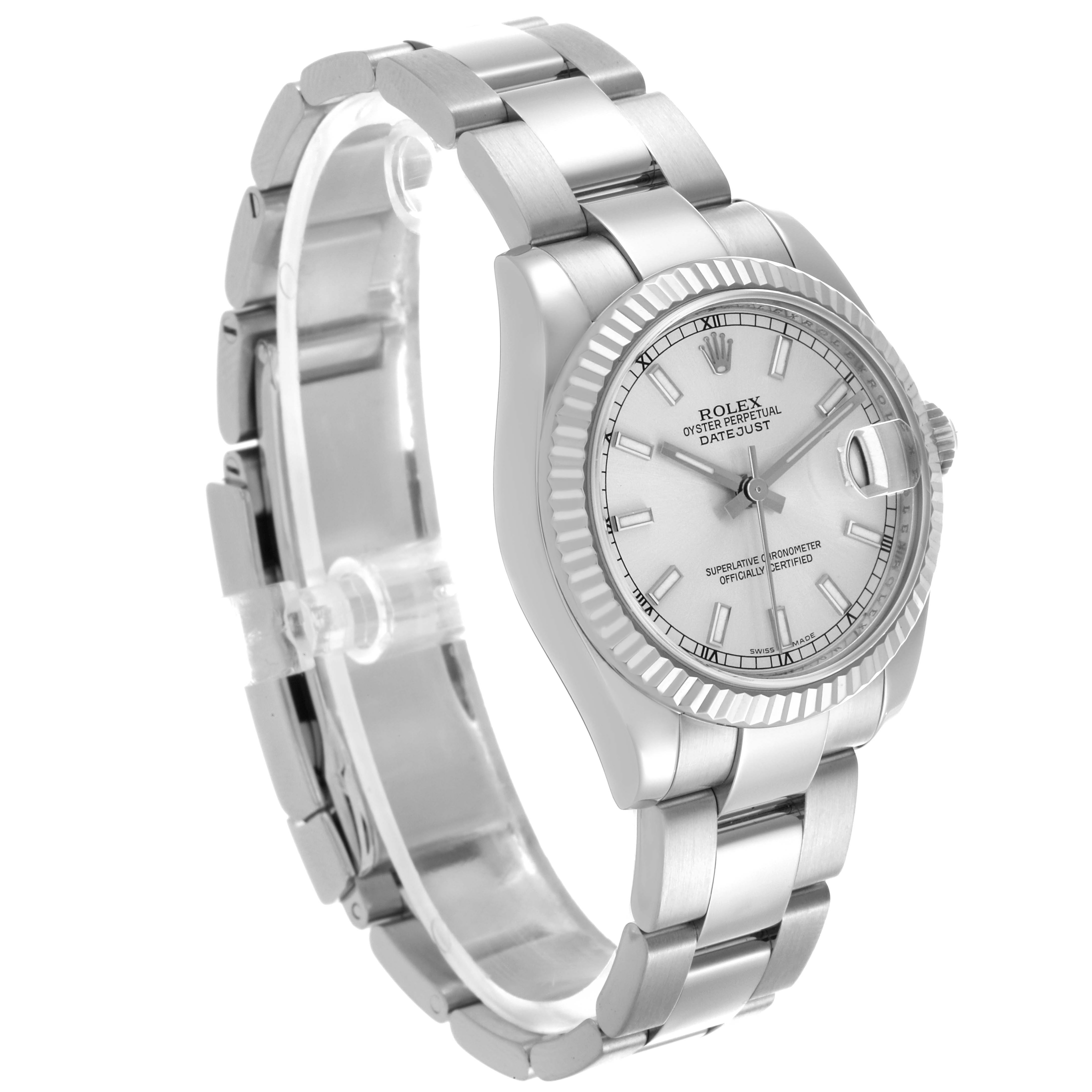 The image shows a side and front view of a Rolex Mid-Size 178274 Women's Stainless Steel Silver Dial 178274 Women's Stainless Steel Silver Dial Datejust, highlighting the bracelet, bezel, and dial.