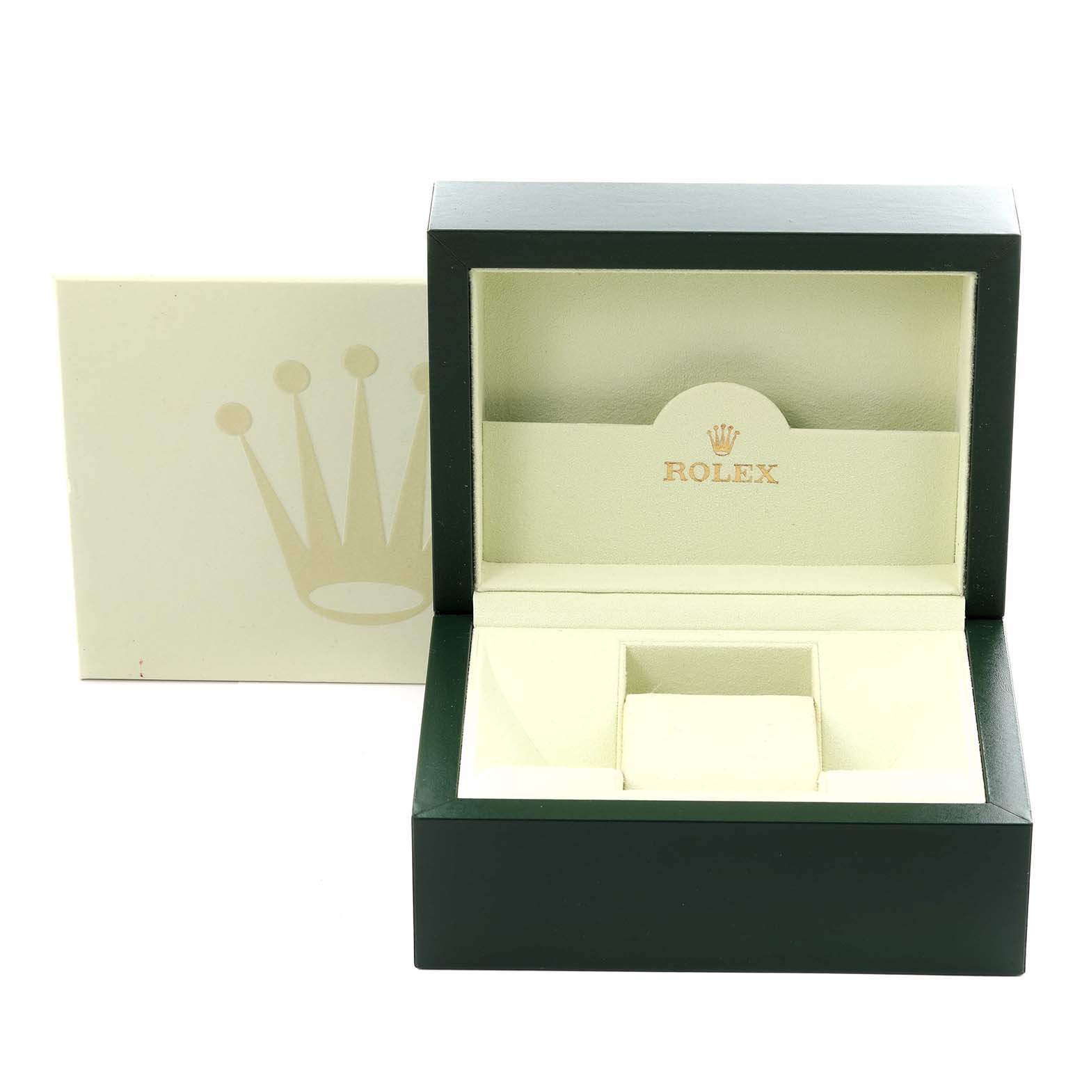 The image shows an open Rolex watch box with a visible logo, designed for a Mid-Size model.