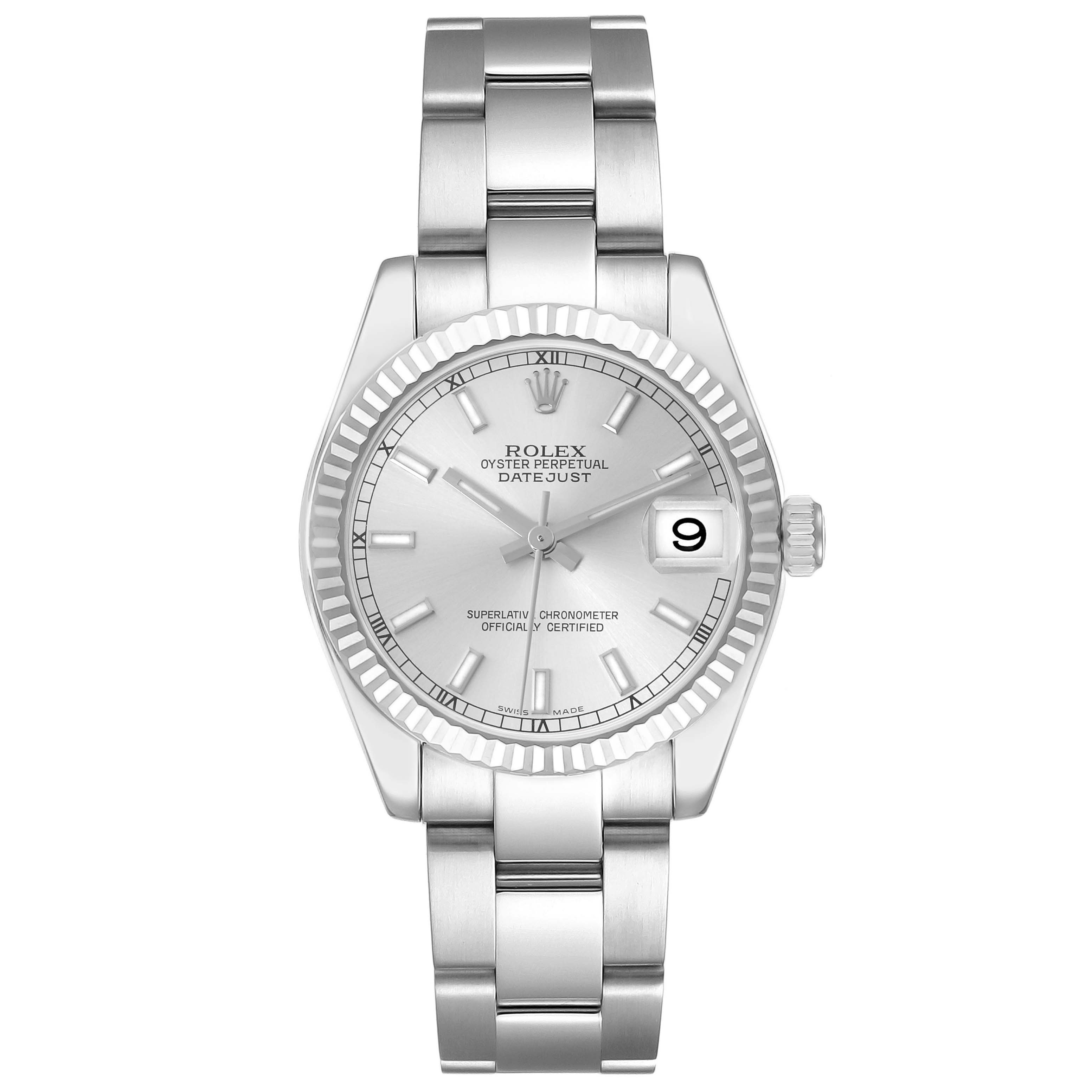 The Rolex Mid-Size 178274 Women's Stainless Steel Silver Dial 178274 Women's Stainless Steel Silver Dial watch is shown from a front angle, displaying the face, bezel, and bracelet.