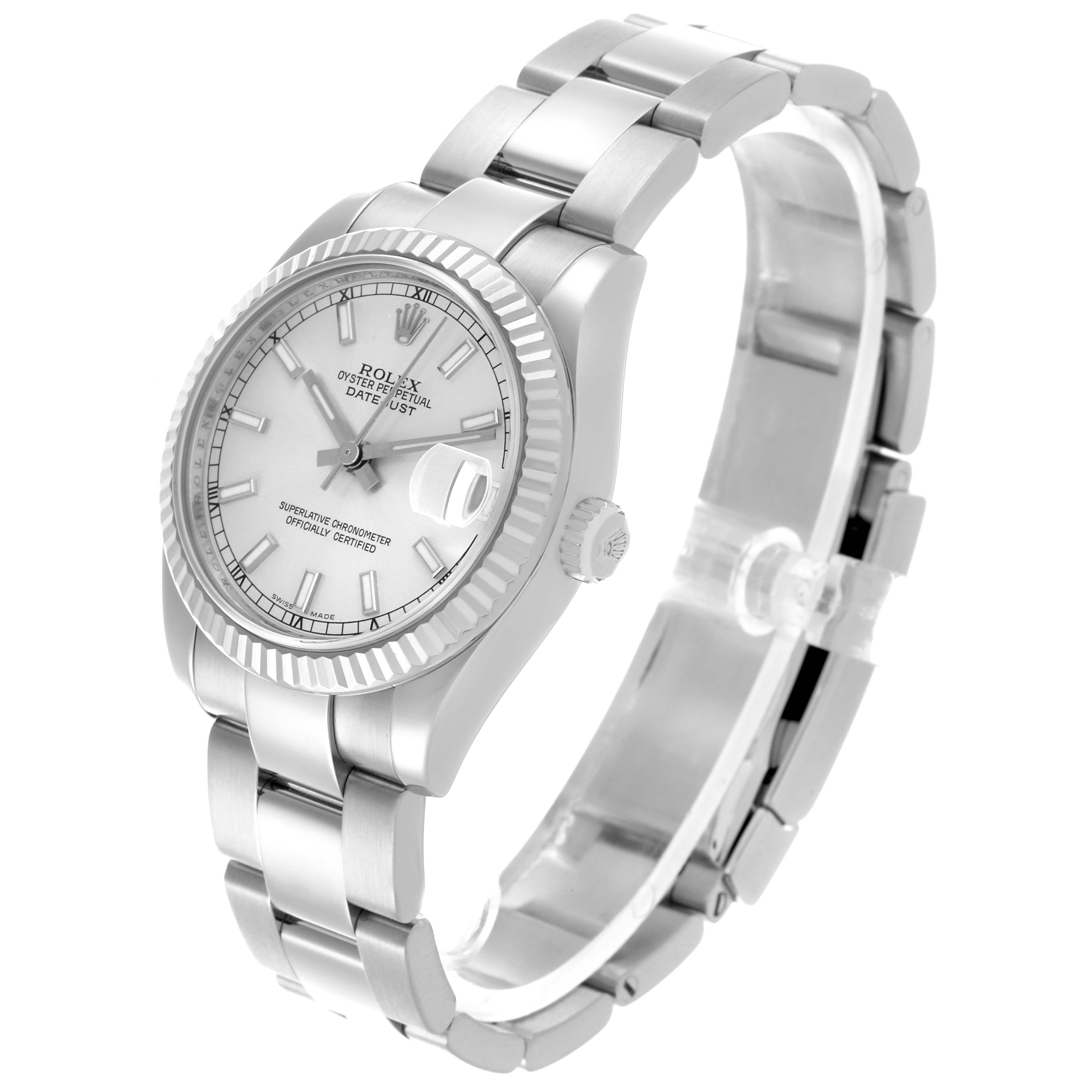 This image shows a Rolex Mid-Size 178274 Women's Stainless Steel Silver Dial 178274 Women's Stainless Steel Silver Dial watch from a three-quarter angle, highlighting the face, bezel, crown, and band.