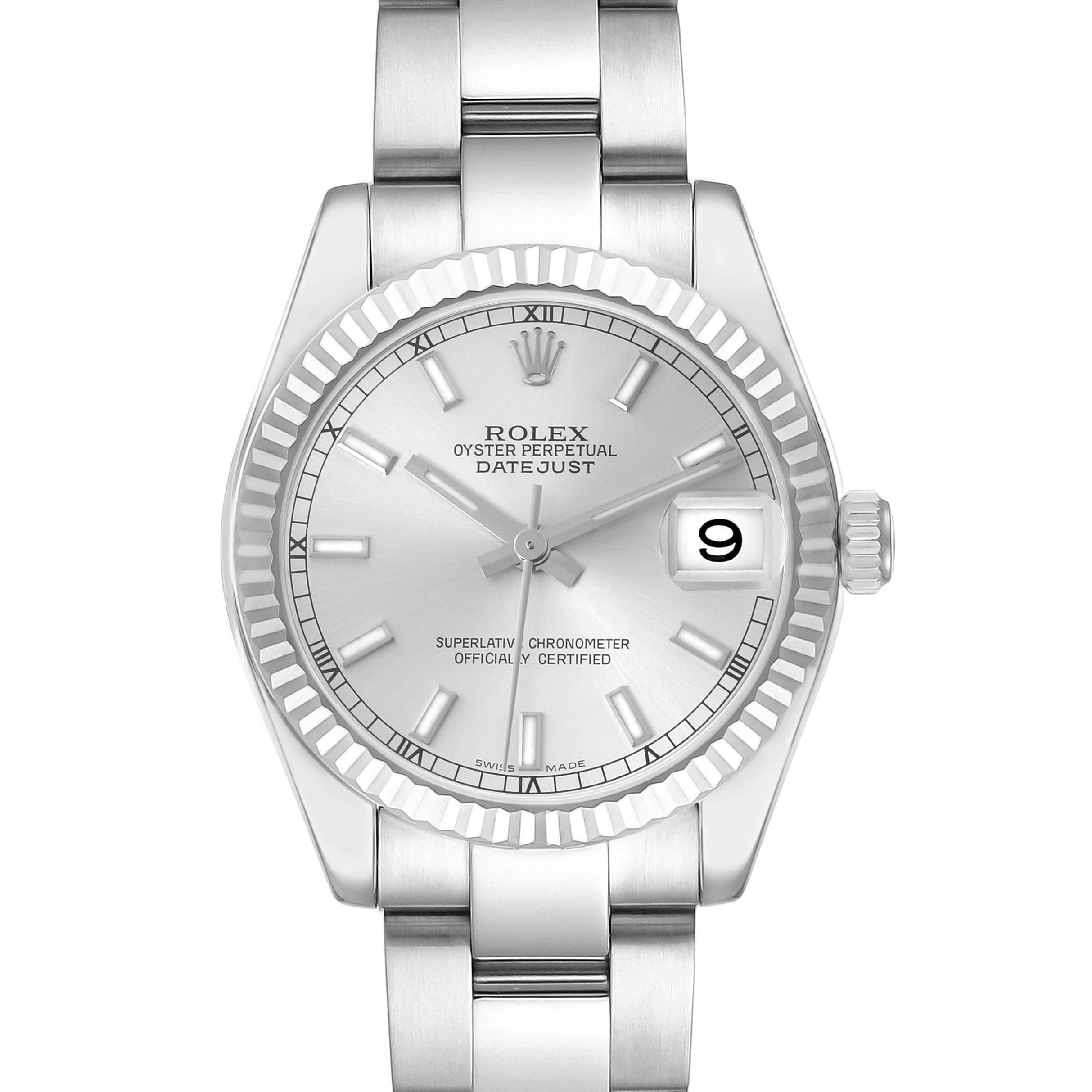 The Rolex Mid-Size 178274 Women's Stainless Steel Silver Dial 178274 Women's Stainless Steel Silver Dial watch is shown from the front, displaying the dial, bezel, crown, and part of the bracelet.