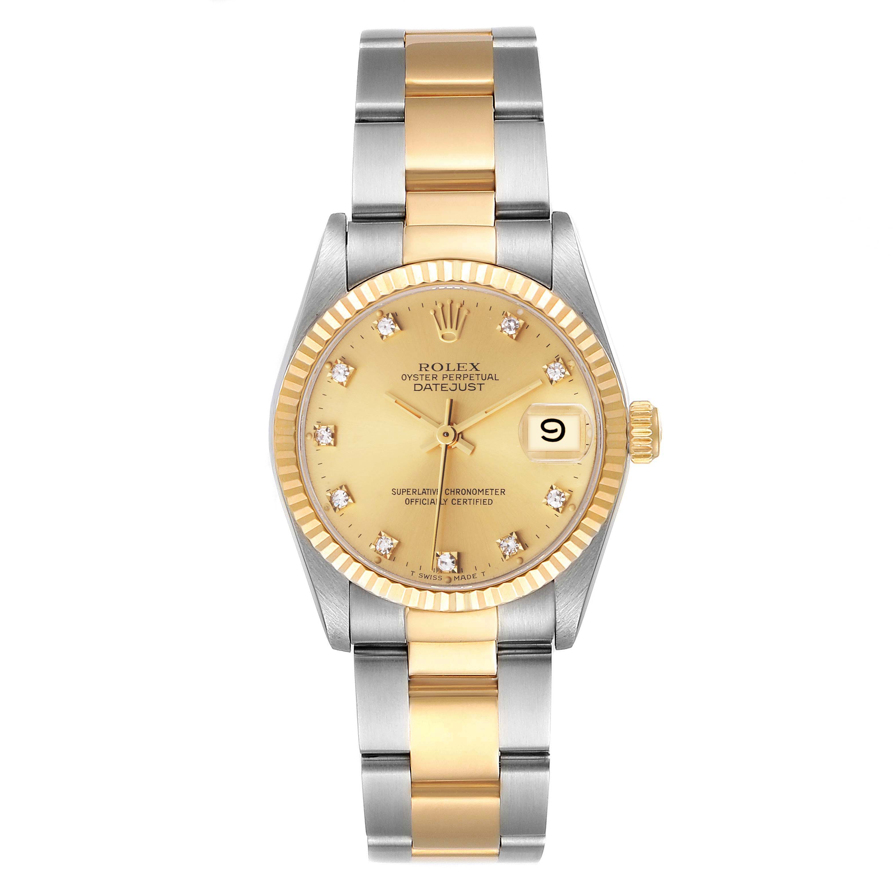 This image shows a front view of the Rolex Oyster Perpetual Datejust Mid-Size watch, displaying the face, bezel, and bracelet.