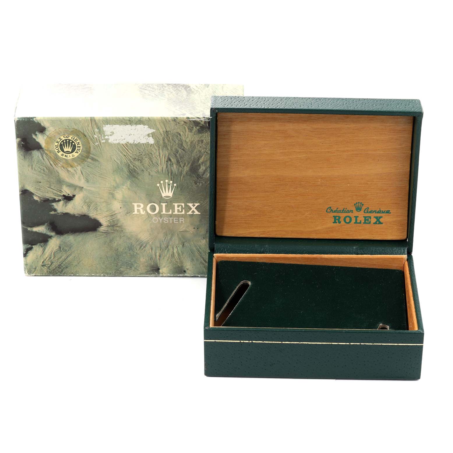 This image shows the open box for a Mid-Size Rolex watch, displaying the interior and the outer packaging from a front angle.