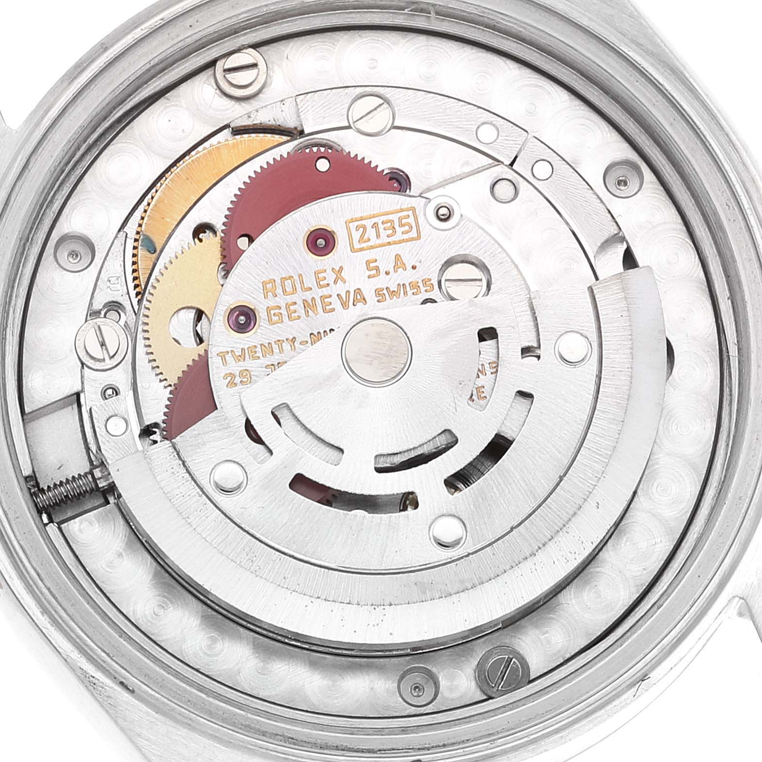This image shows the internal mechanical parts of a Rolex Mid-Size 68273 Women
s Steel and Gold (two tone) Champagne Dial 68273 Women
s Steel and Gold (two tone) Champagne Dial model watch movement from a rear angle.