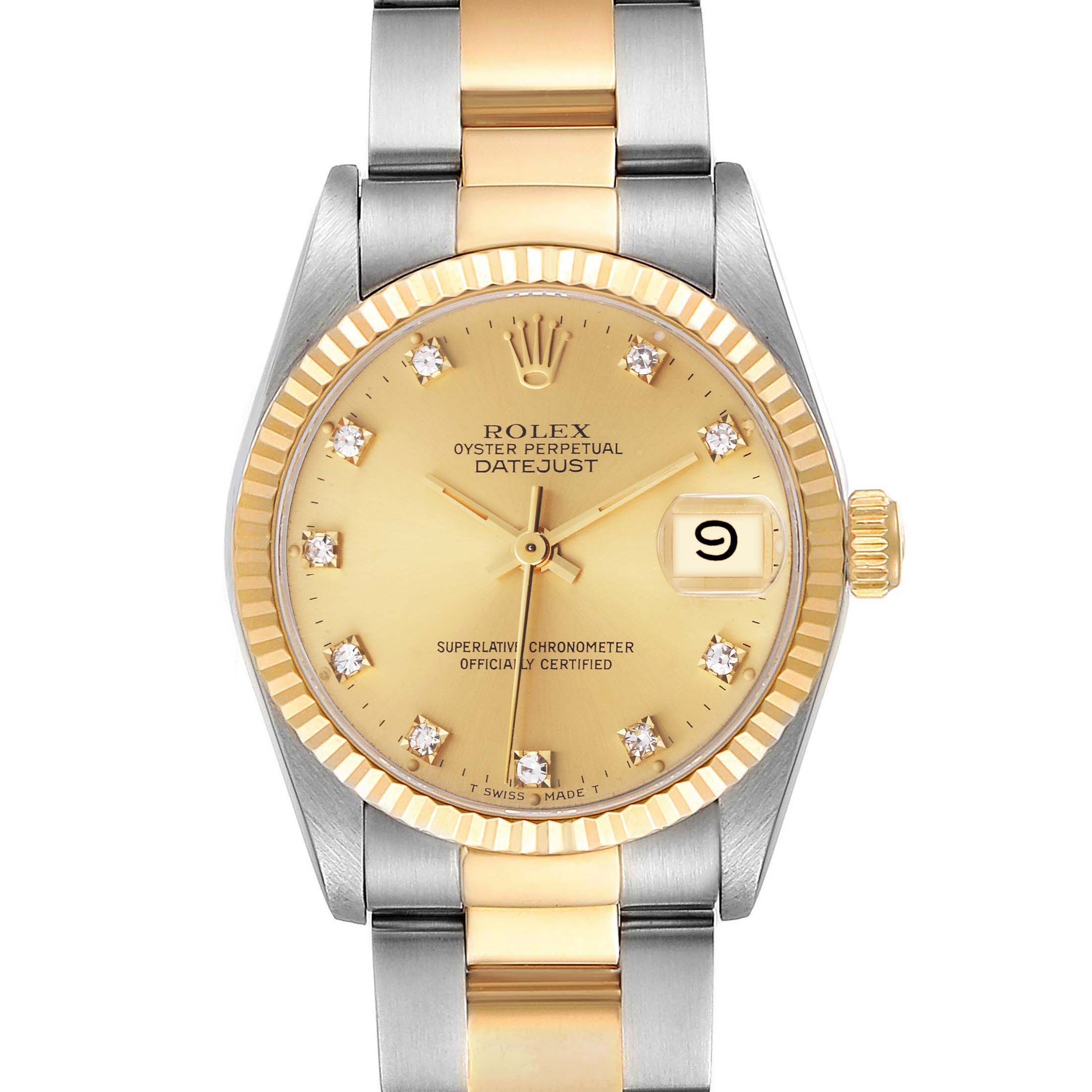 This image is a front view of a Rolex Mid-Size 68273 Women
s Steel and Gold (two tone) Champagne Dial 68273 Women
s Steel and Gold (two tone) Champagne Dial Datejust watch, showing the dial, bezel, and part of the bracelet.