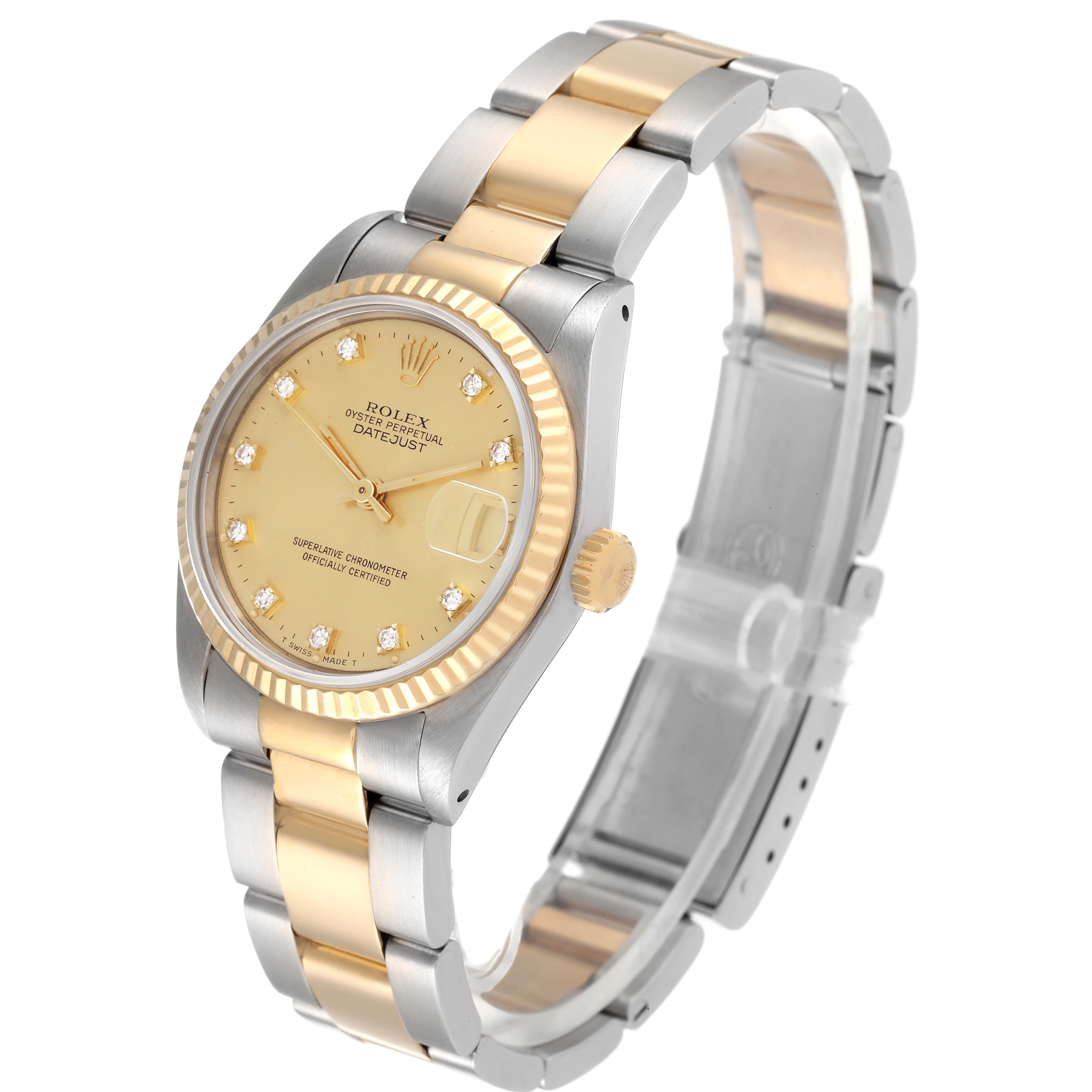 The Rolex Mid-Size 68273 Women
s Steel and Gold (two tone) Champagne Dial 68273 Women
s Steel and Gold (two tone) Champagne Dial watch is shown at an angled view, highlighting its bezel, dial, bracelet, and crown.