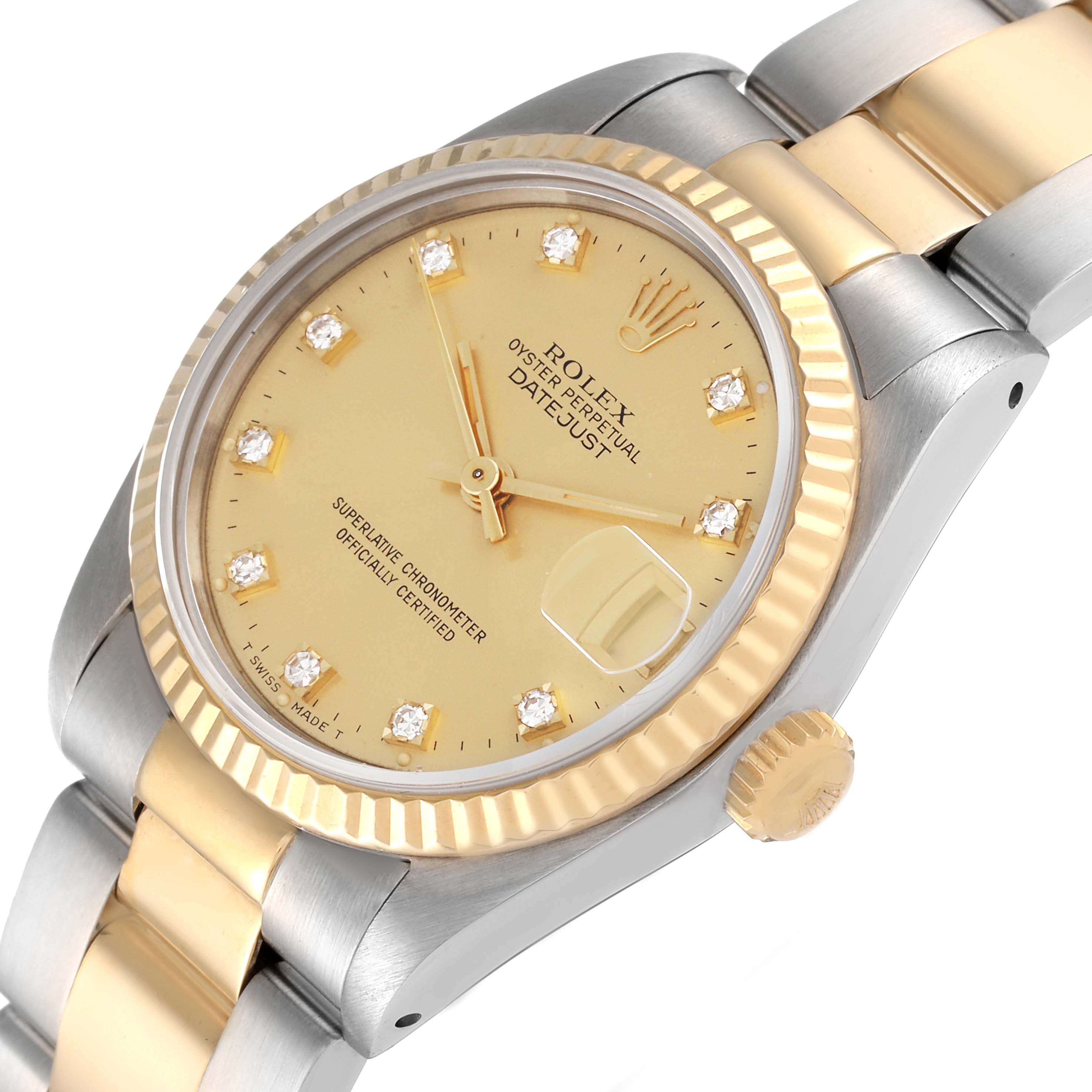 The image shows a close-up of the Rolex Datejust Mid-Size watch face and part of the bracelet, viewed at an angle.