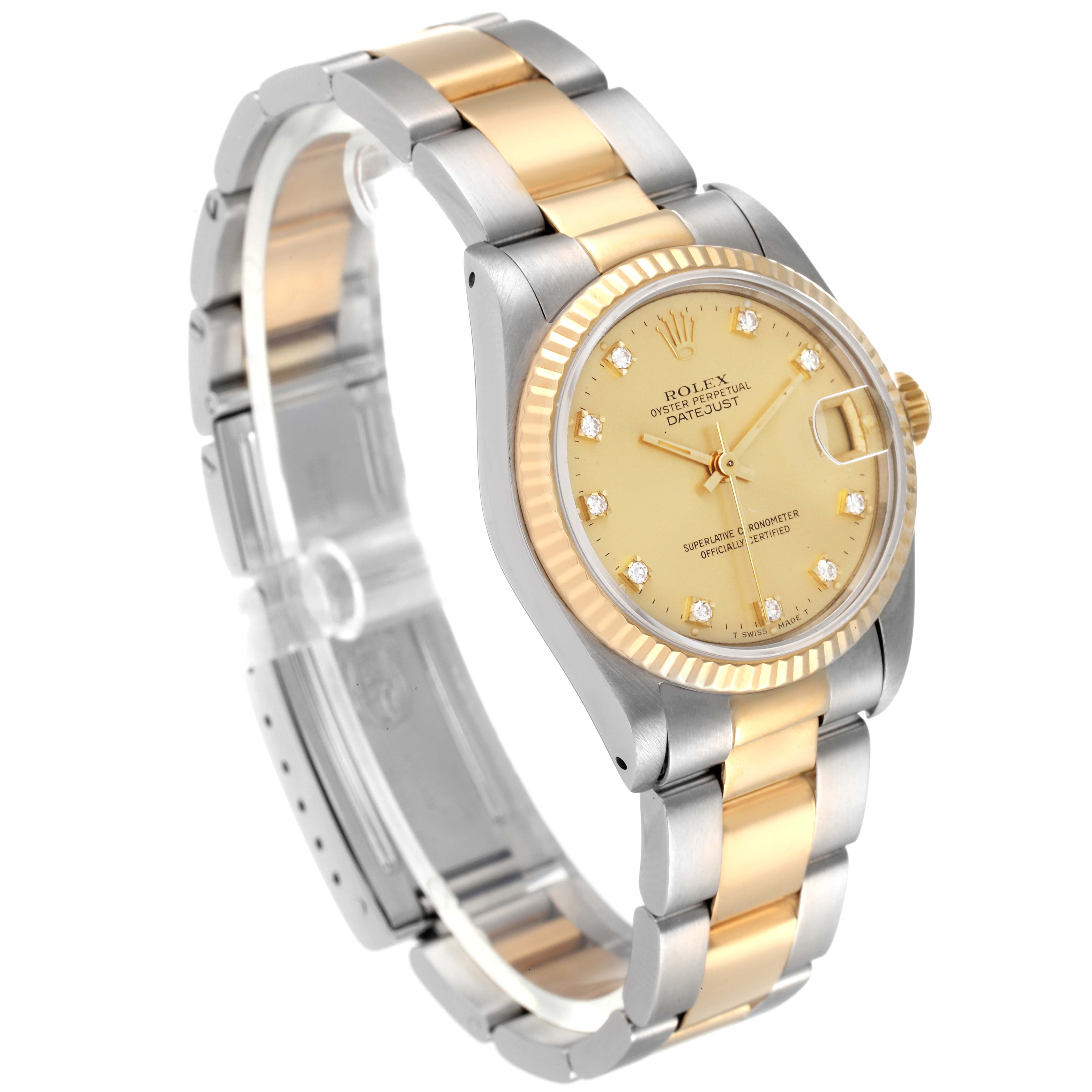 The Rolex Mid-Size 68273 Women
s Steel and Gold (two tone) Champagne Dial 68273 Women
s Steel and Gold (two tone) Champagne Dial Datejust watch is shown at a three-quarter angle, displaying the face, bezel, and bracelet.