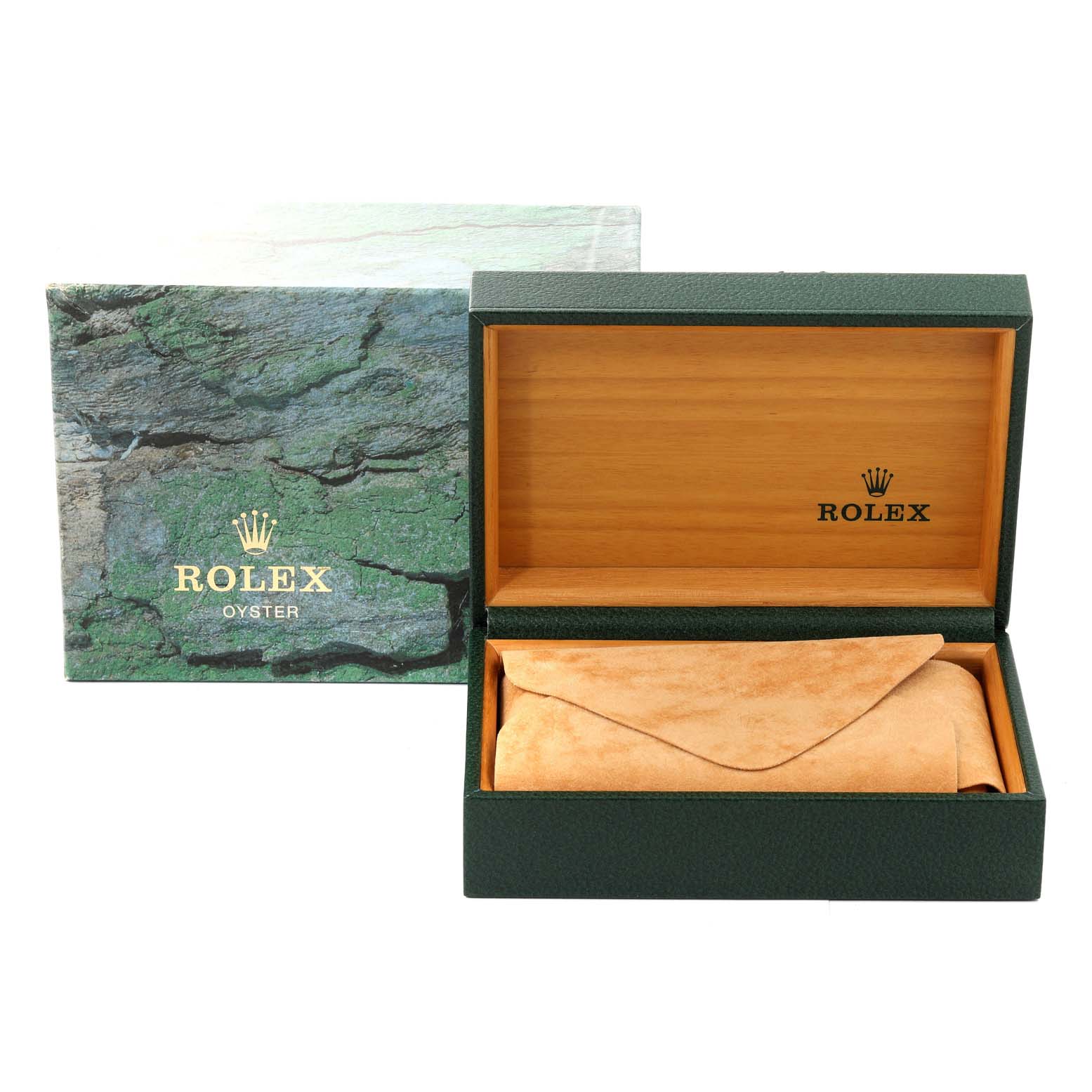 This image shows the open box and protective pouch for a Mid-Size model Rolex watch, with both the box and outer cover visible.
