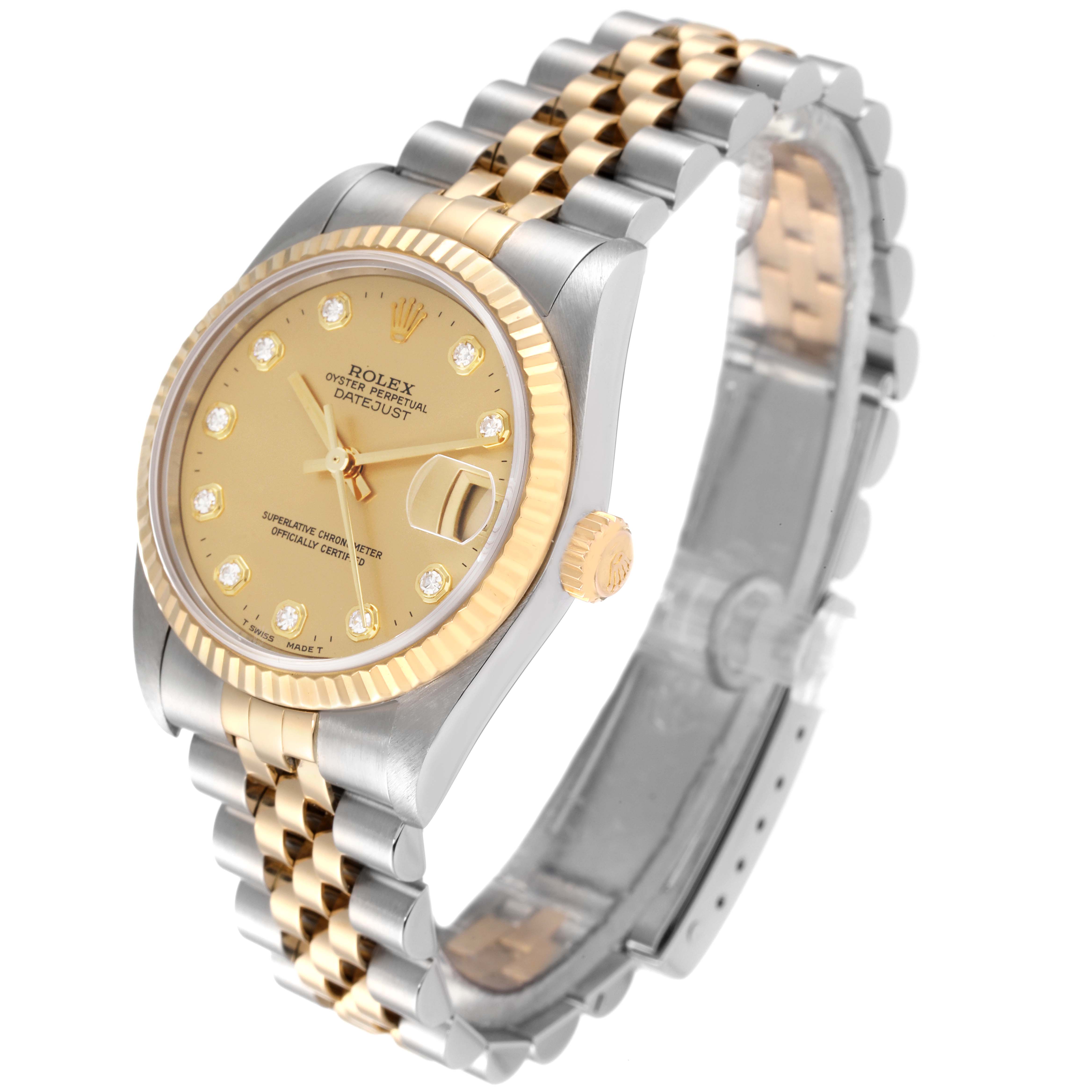 The Rolex Mid-Size 78273 Women
s Steel and Gold (two tone) Champagne Dial 78273 Women
s Steel and Gold (two tone) Champagne Dial Datejust watch is shown from an angled side view highlighting the face, bezel, crown, and two-tone bracelet.