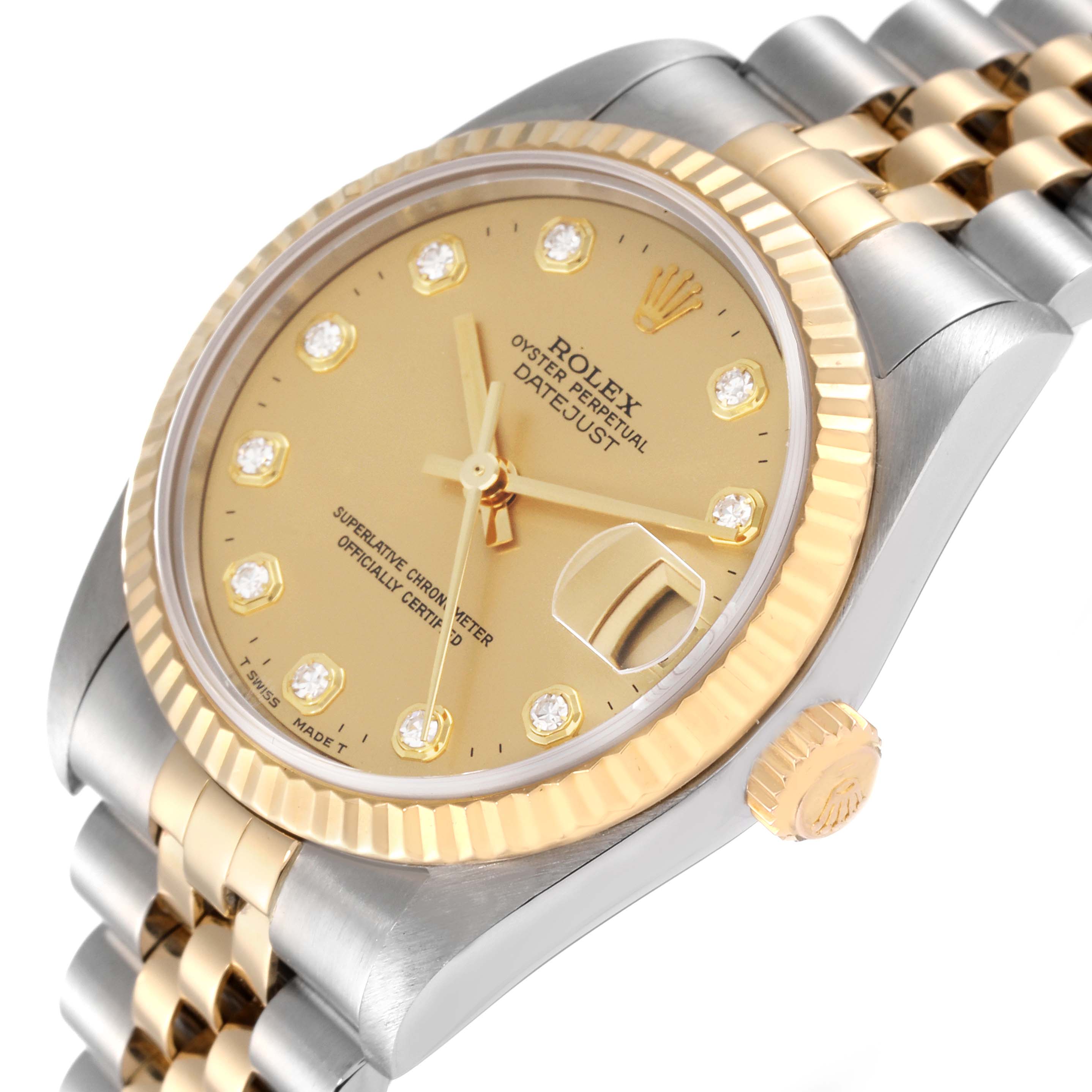 The image shows a close-up, angled view of a Rolex Mid-Size 78273 Women
s Steel and Gold (two tone) Champagne Dial 78273 Women
s Steel and Gold (two tone) Champagne Dial Datejust watch, highlighting the dial, bezel, and bracelet.