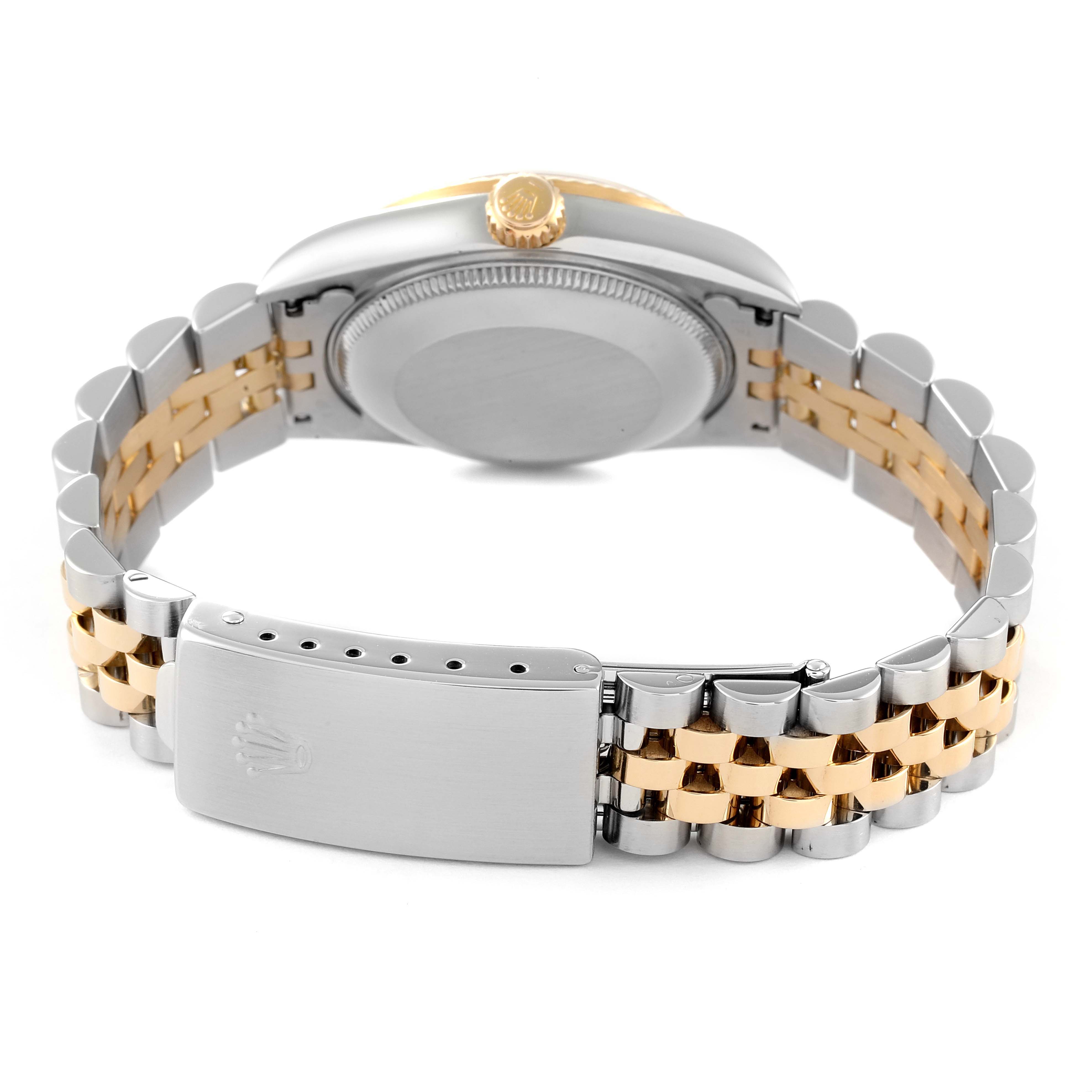 This image shows the back view of a Rolex Mid-Size 78273 Women
s Steel and Gold (two tone) Champagne Dial 78273 Women
s Steel and Gold (two tone) Champagne Dial watch, displaying its clasp, bracelet, and case back.
