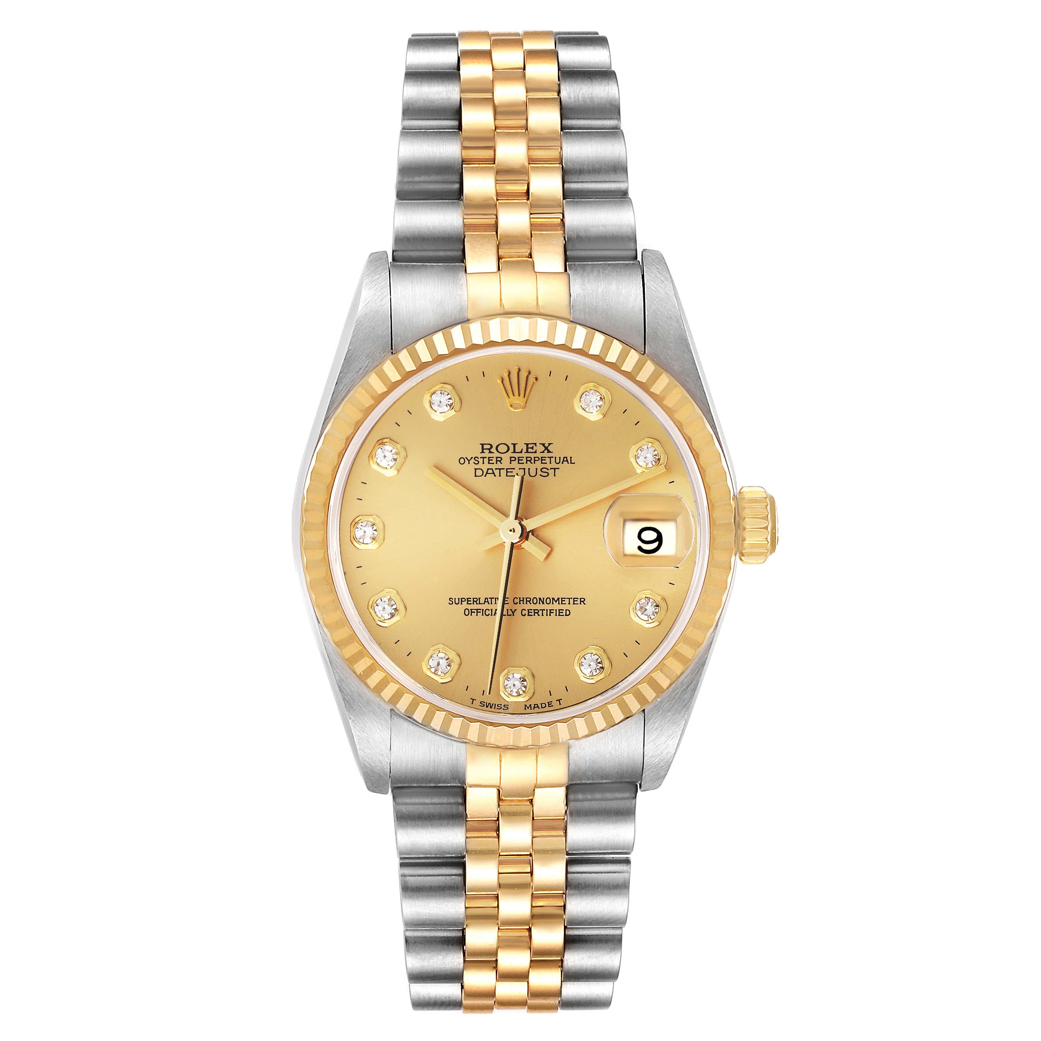 The Rolex Datejust Mid-Size watch is shown from a front angle, displaying its gold and silver bracelet, dial, and date window.