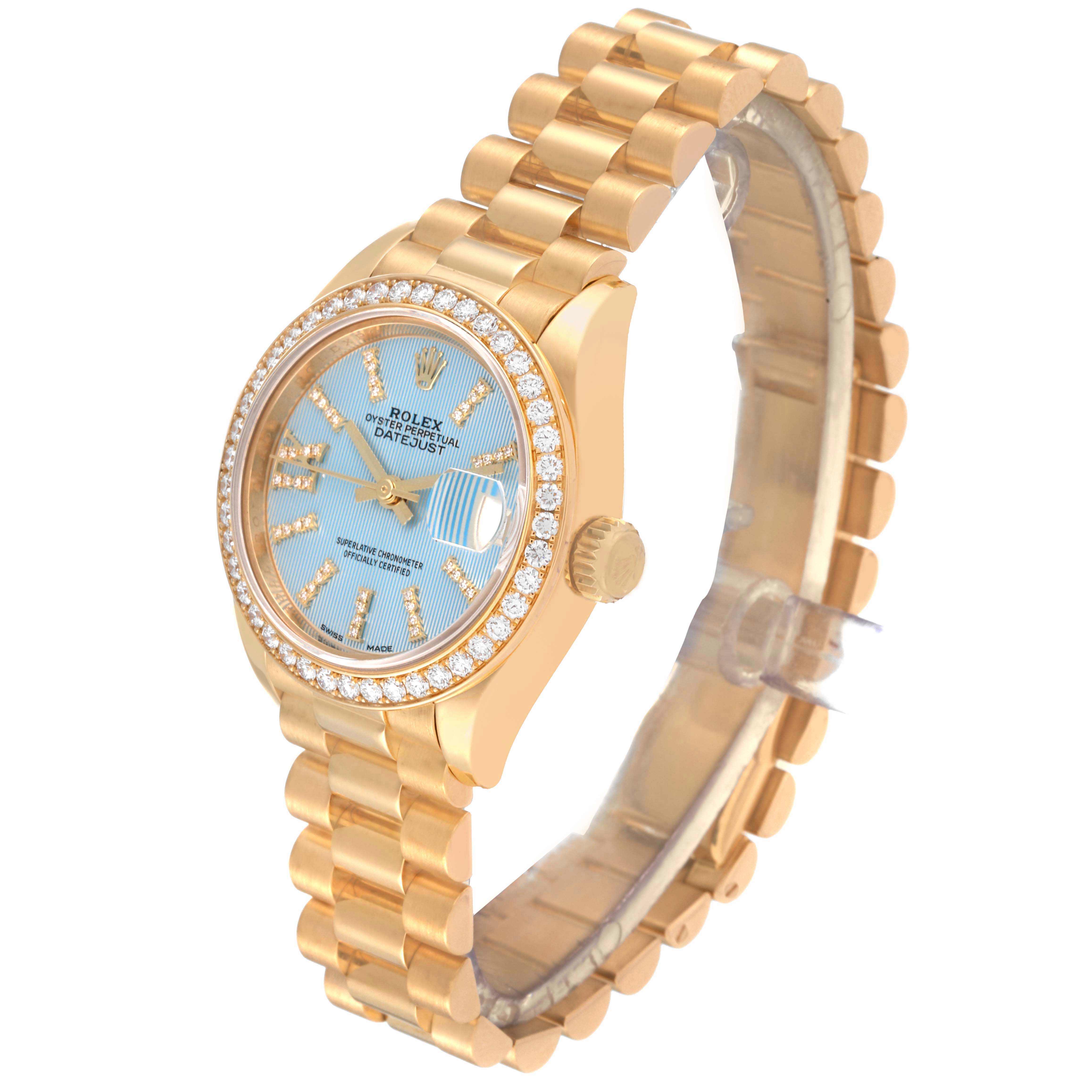 The Rolex President 279138 Women's Yellow Gold Blue Dial 279138 Women's Yellow Gold Blue Dial model watch is shown at a three-quarter angle, highlighting its face, bezel, crown, and bracelet.