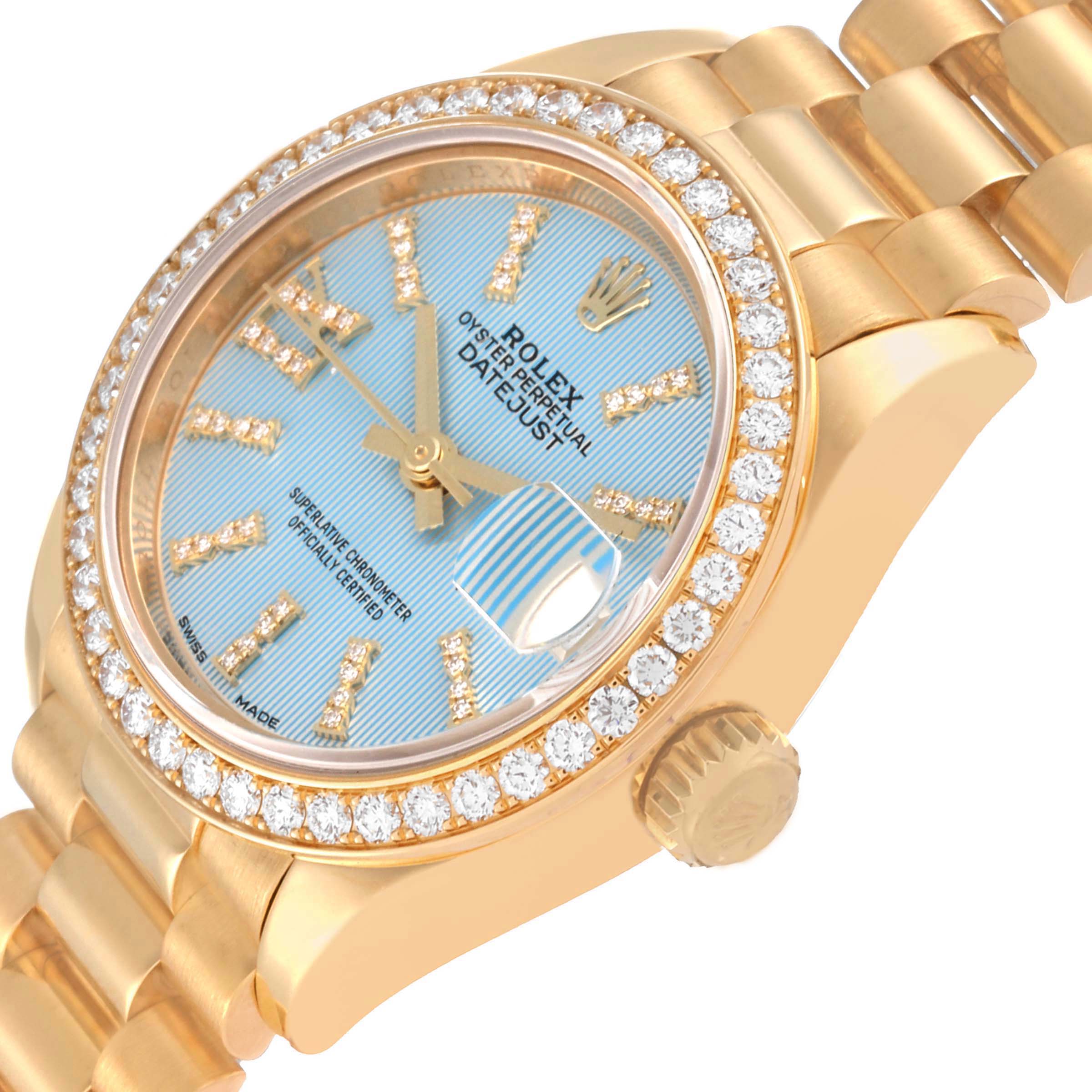 The image shows a close-up angle of the Rolex President 279138 Women's Yellow Gold Blue Dial 279138 Women's Yellow Gold Blue Dial watch, highlighting the dial, bezel, crown, and part of the bracelet.
