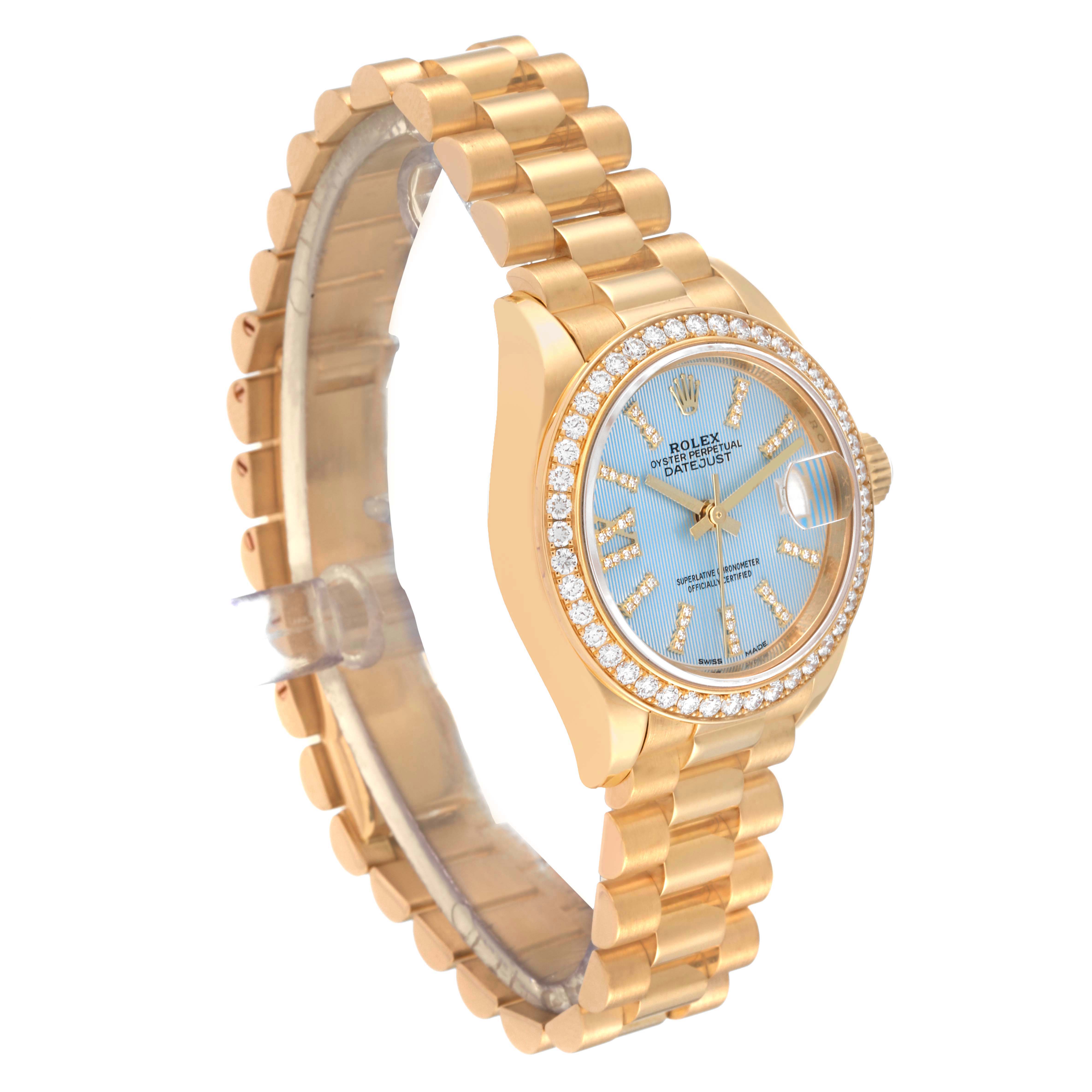 The Rolex President 279138 Women's Yellow Gold Blue Dial 279138 Women's Yellow Gold Blue Dial model watch is shown at an angled view, highlighting the gold band, diamond bezel, and blue dial.