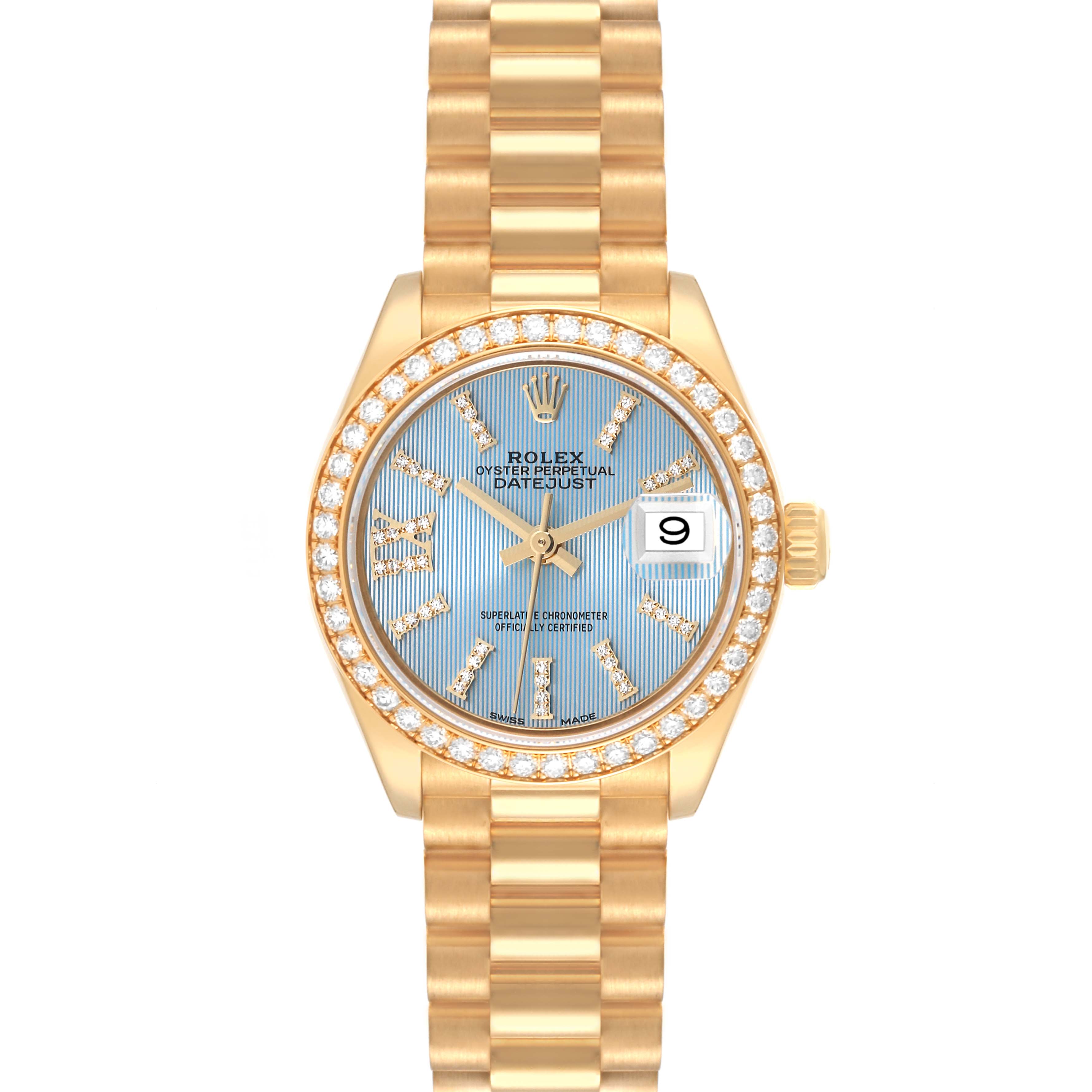This is a front view of a Rolex President 279138 Women's Yellow Gold Blue Dial 279138 Women's Yellow Gold Blue Dial model watch featuring a gold bracelet, diamond bezel, and blue dial with date display.