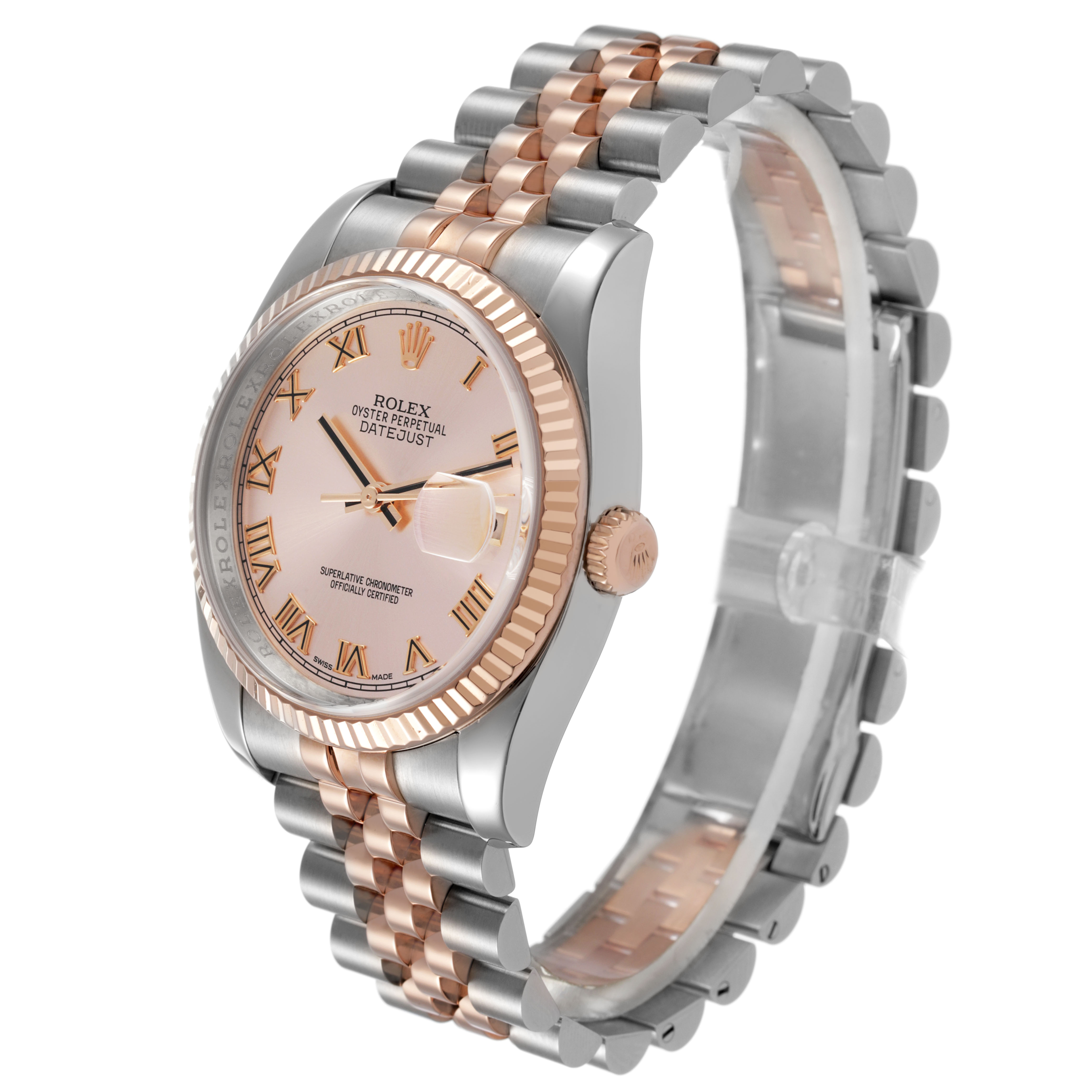 The Rolex Datejust 116231 Men's Steel and Gold (two tone) Pink Dial watch is shown at a three-quarter angle, highlighting the two-tone bracelet, fluted bezel, and dial with date.