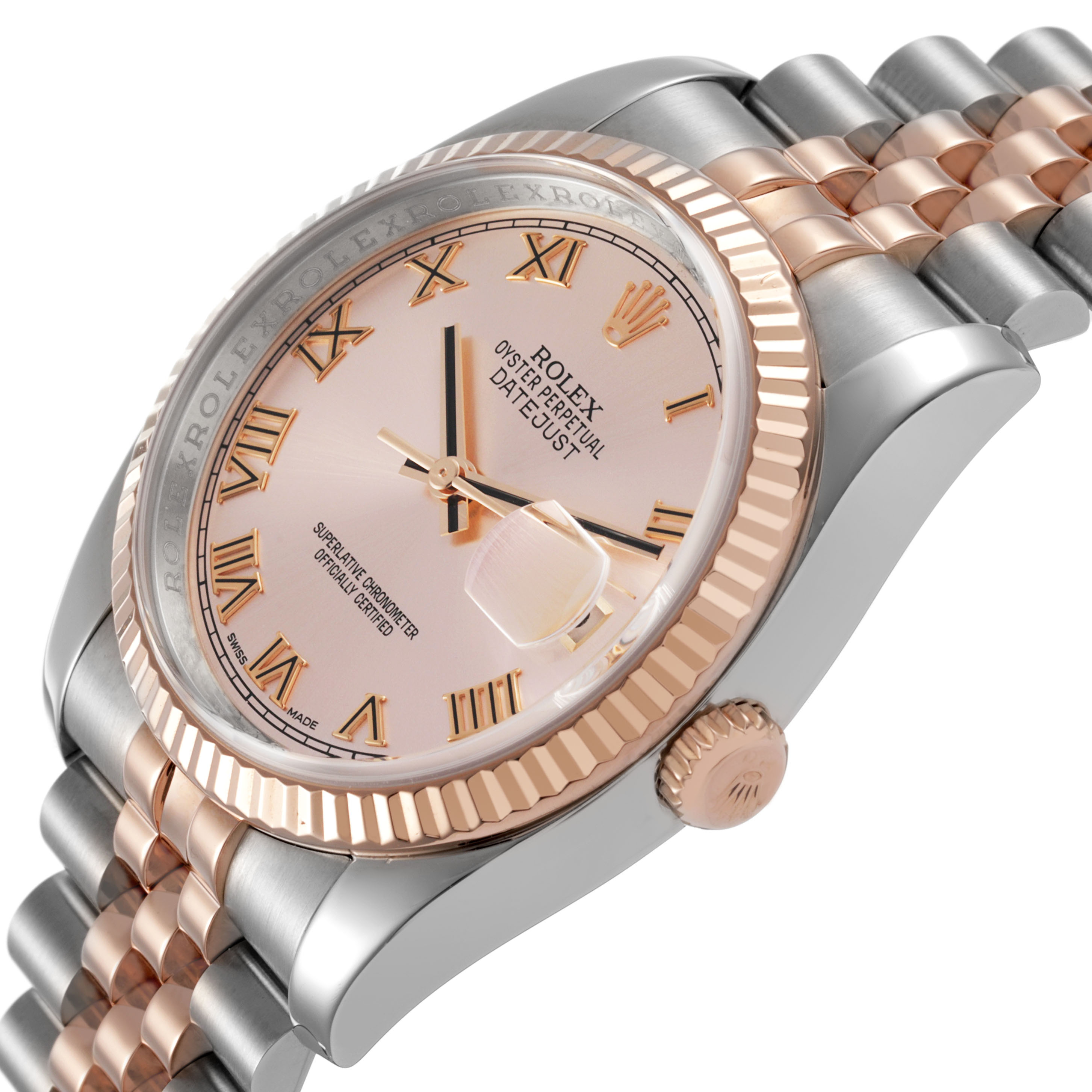 The Rolex Datejust 116231 Men's Steel and Gold (two tone) Pink Dial watch is shown from a three-quarter angle, highlighting the dial, bezel, crown, and part of the bracelet.