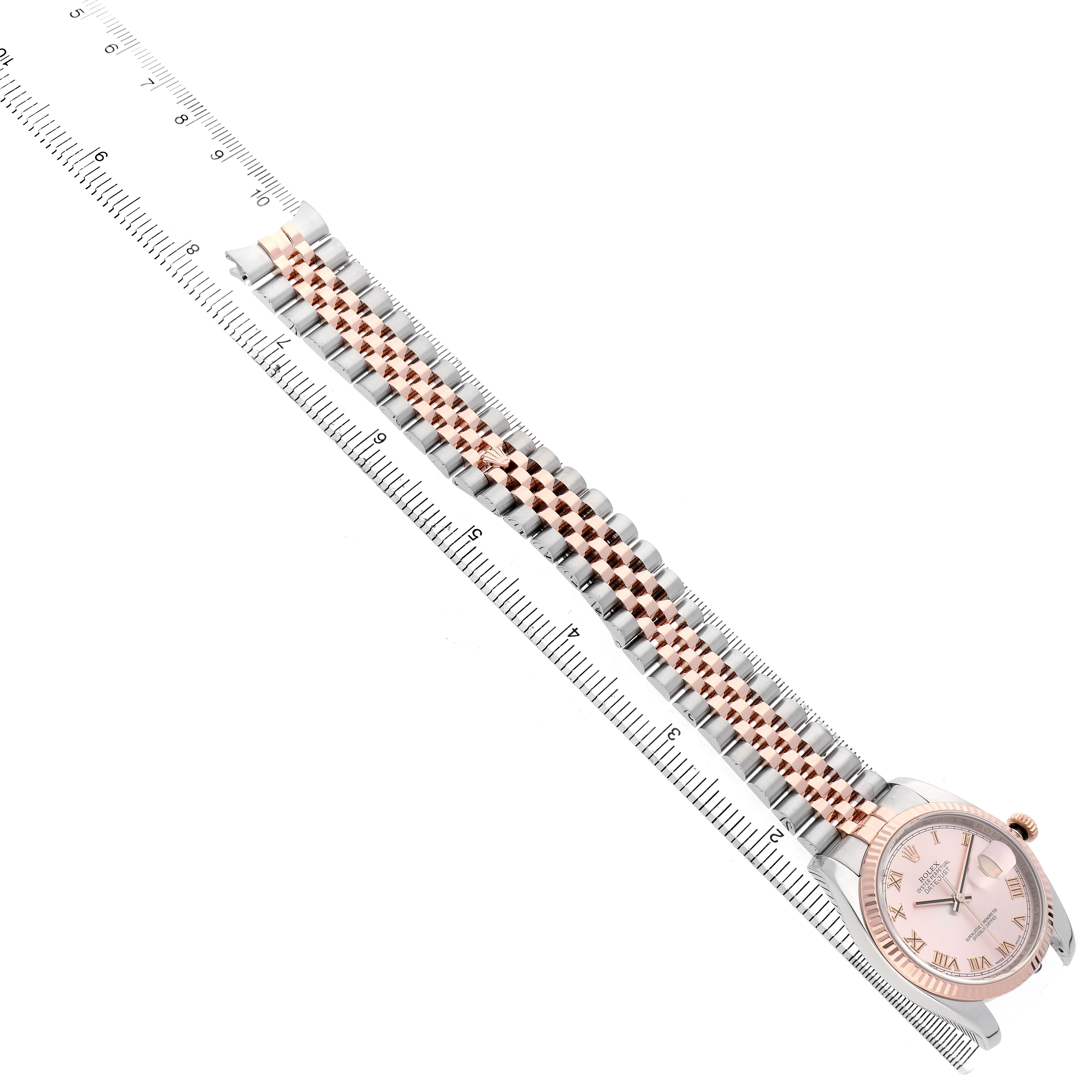 The Rolex Datejust 116231 Men's Steel and Gold (two tone) Pink Dial watch is shown from a top-down angle, highlighting the face, bezel, and full bracelet.