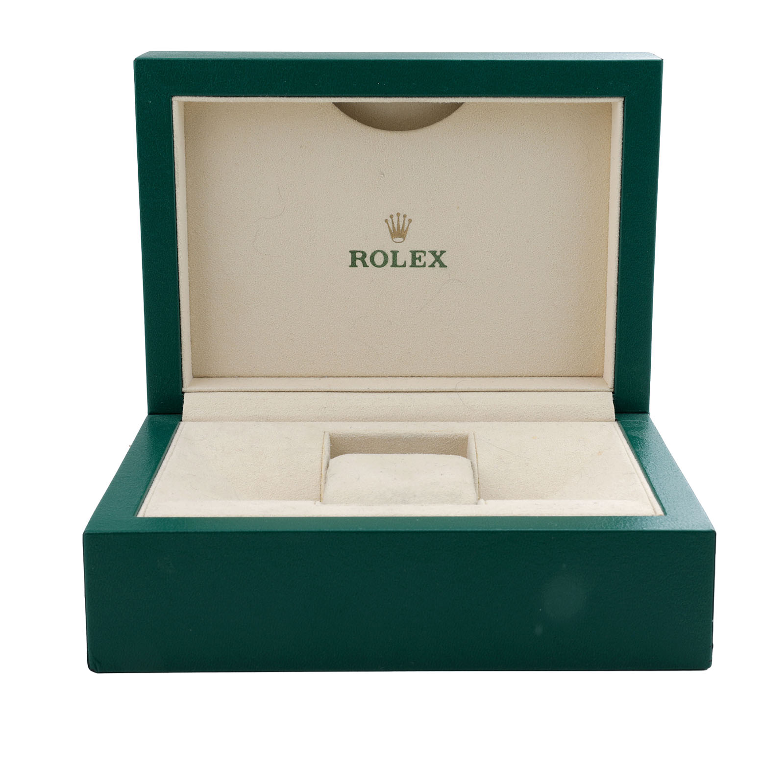 The image shows an open green Rolex Datejust 116231 Men's Steel and Gold (two tone) Pink Dial watch box with a beige interior.