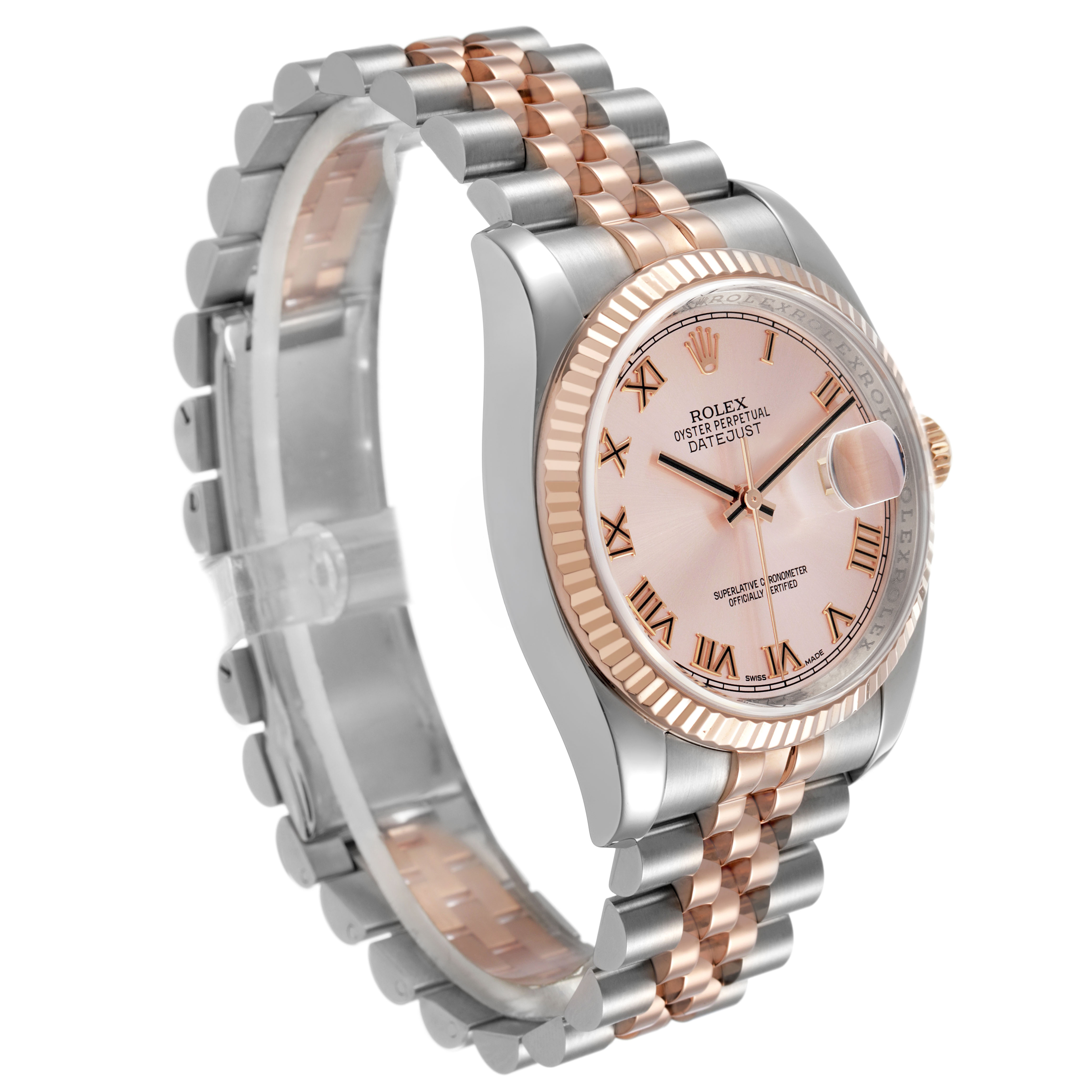 The Rolex Datejust 116231 Men's Steel and Gold (two tone) Pink Dial watch is shown at a three-quarter angle, highlighting the face, fluted bezel, and Jubilee bracelet.