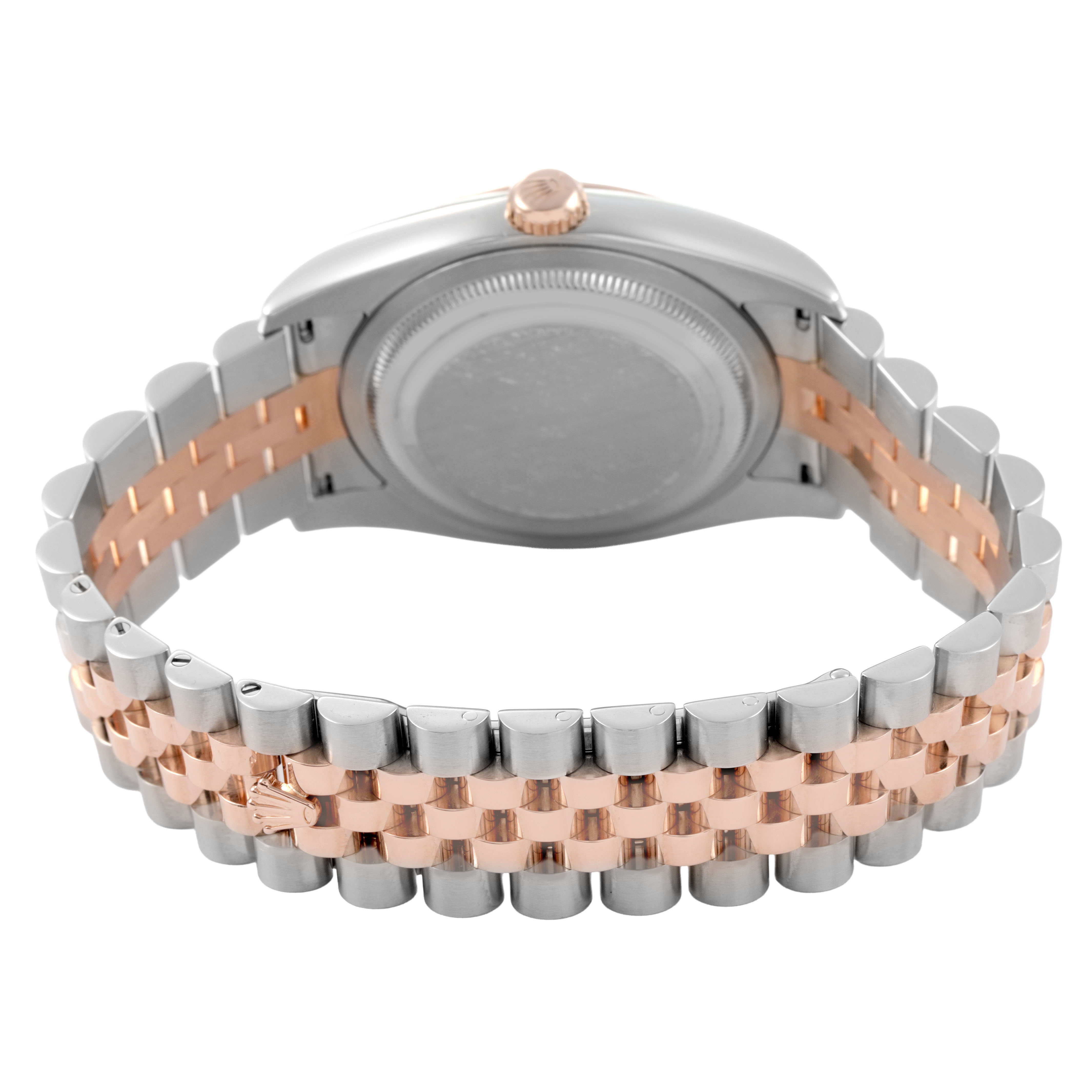 The image shows the back of a Rolex Datejust 116231 Men's Steel and Gold (two tone) Pink Dial watch, focusing on the case back and the Jubilee bracelet.