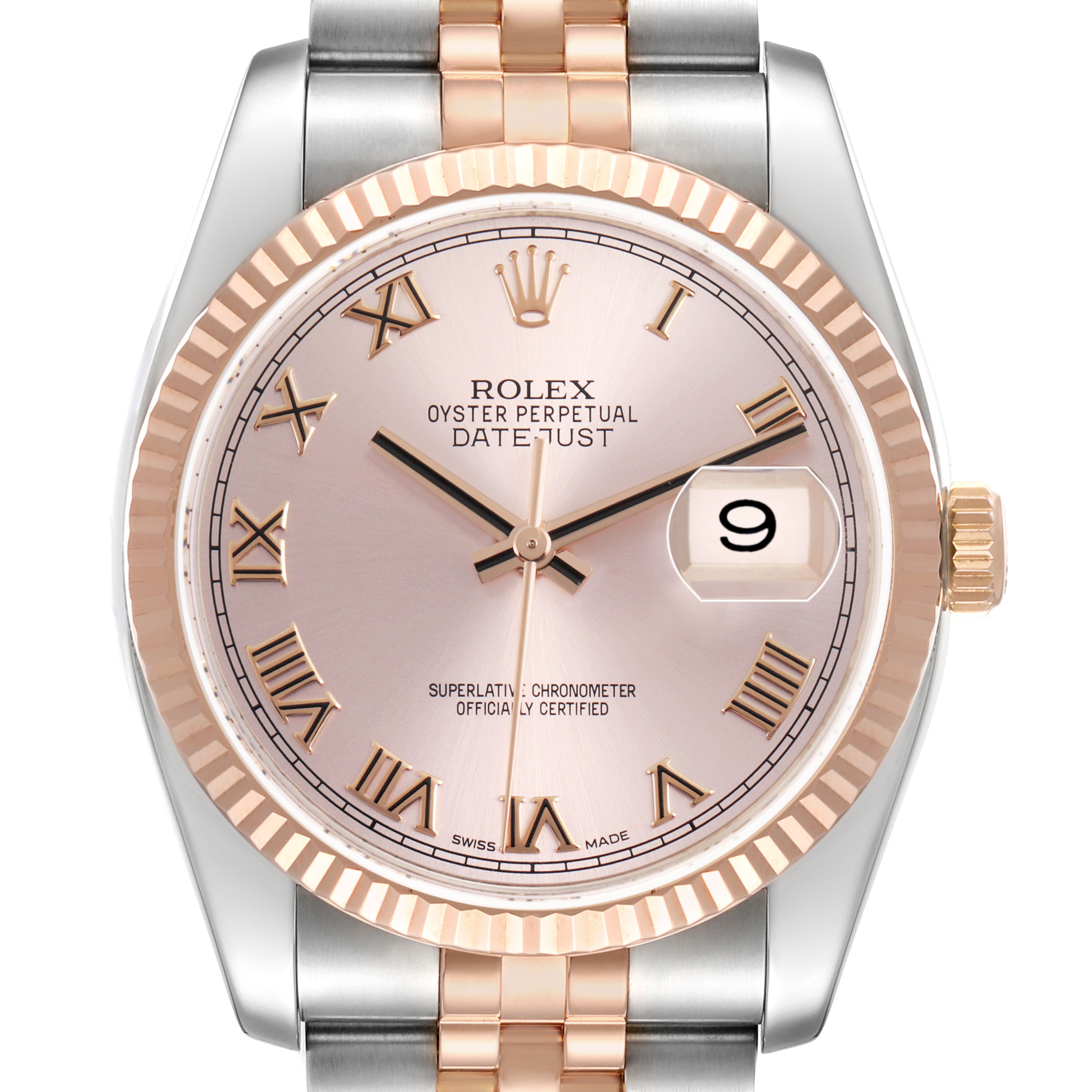 The Rolex Datejust 116231 Men's Steel and Gold (two tone) Pink Dial watch is shown from a front angle, highlighting its dial, bezel, case, and part of the bracelet.